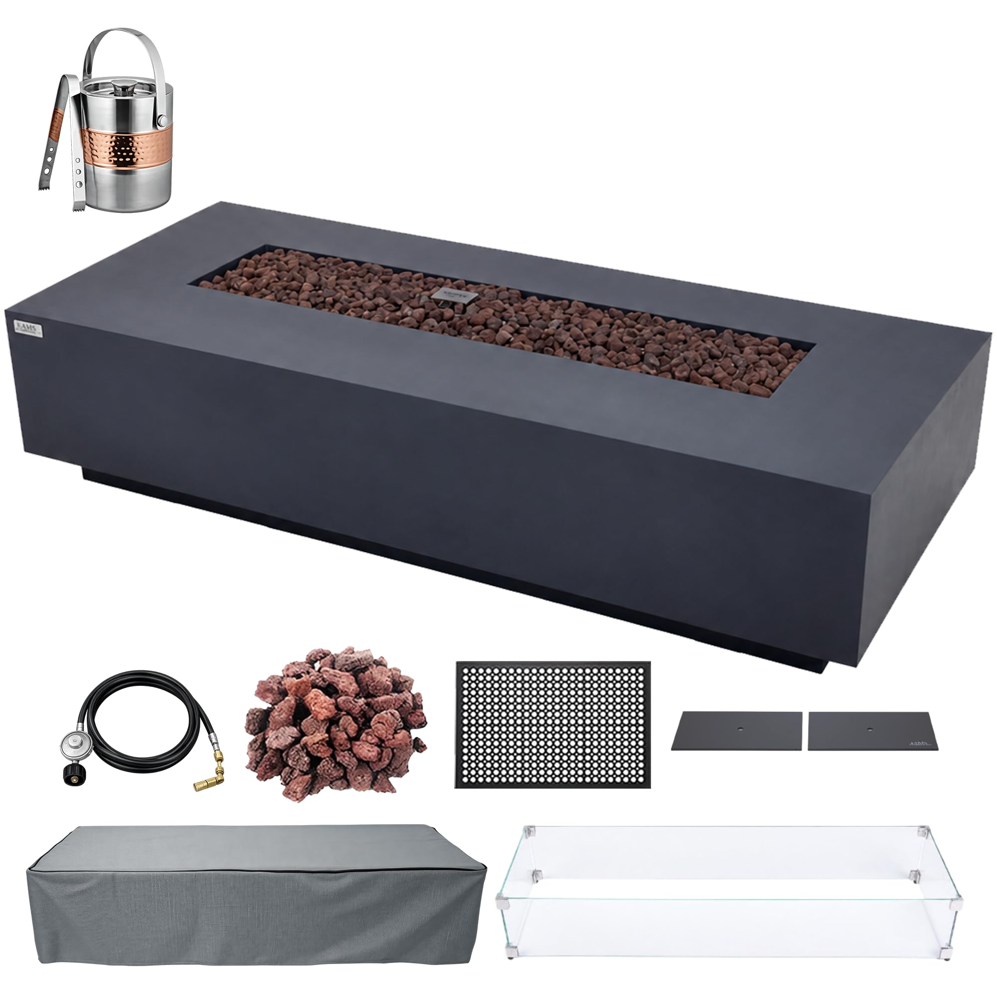 AMS 72" Rectangular Concrete Natural Gas Fire Pit Table Bundle - Dark Gray