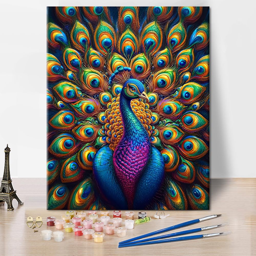 TISHIRON Bird Paint by Number Luxurious Peacock with an Open Tail Paint by Numbers Kit for Adults with Brushes and Pigment, DIY Painting by Numbers, 16x20 Inch