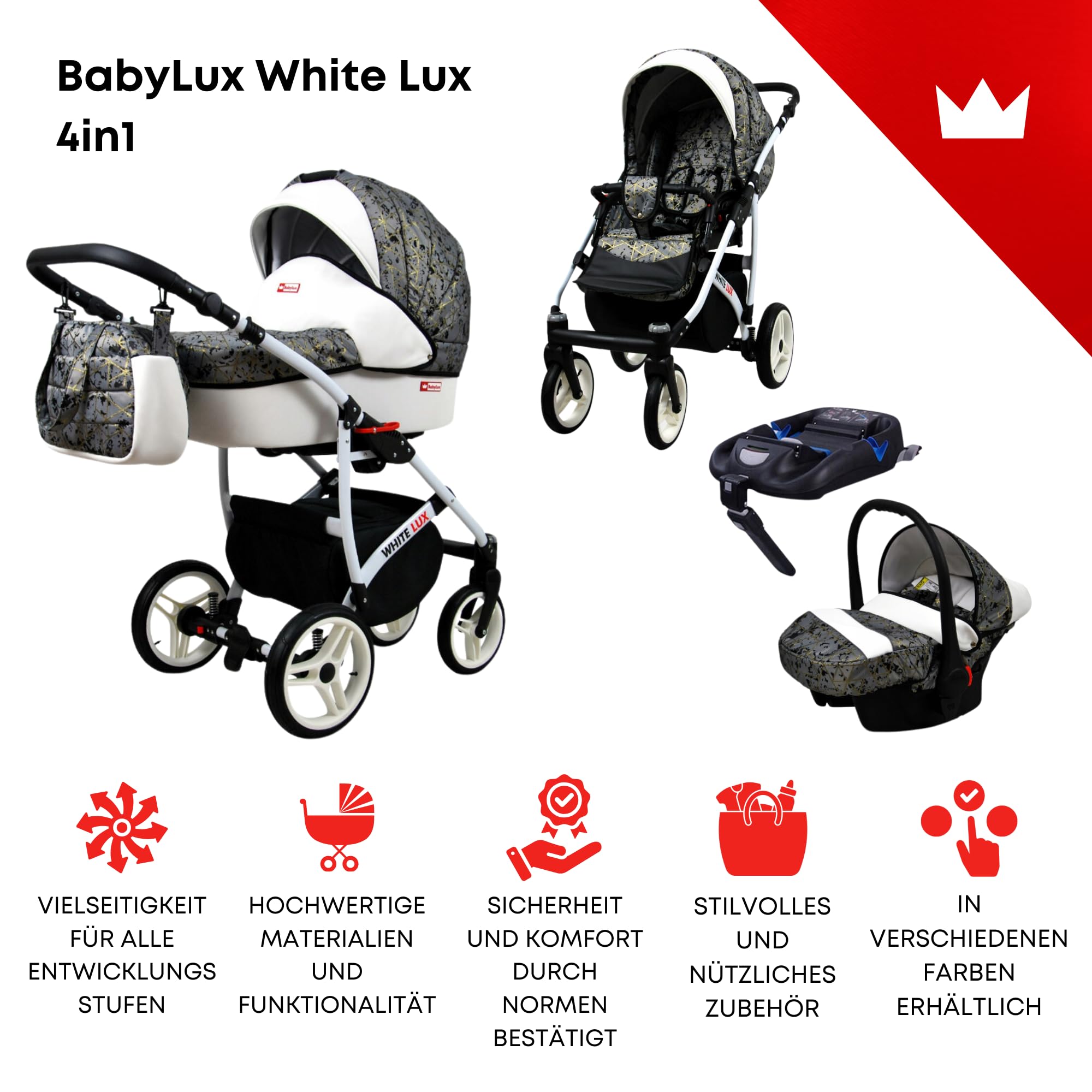 BabyLux® Carrito de Bebé Sistema de Viaje Set 4 en 1 - White Lux - incl. Capazo, Silla de Paseo, Silla Coche, ISOFIX Base - Cochecito - con Bolso cambiador, Cubierta para la lluvia etc.