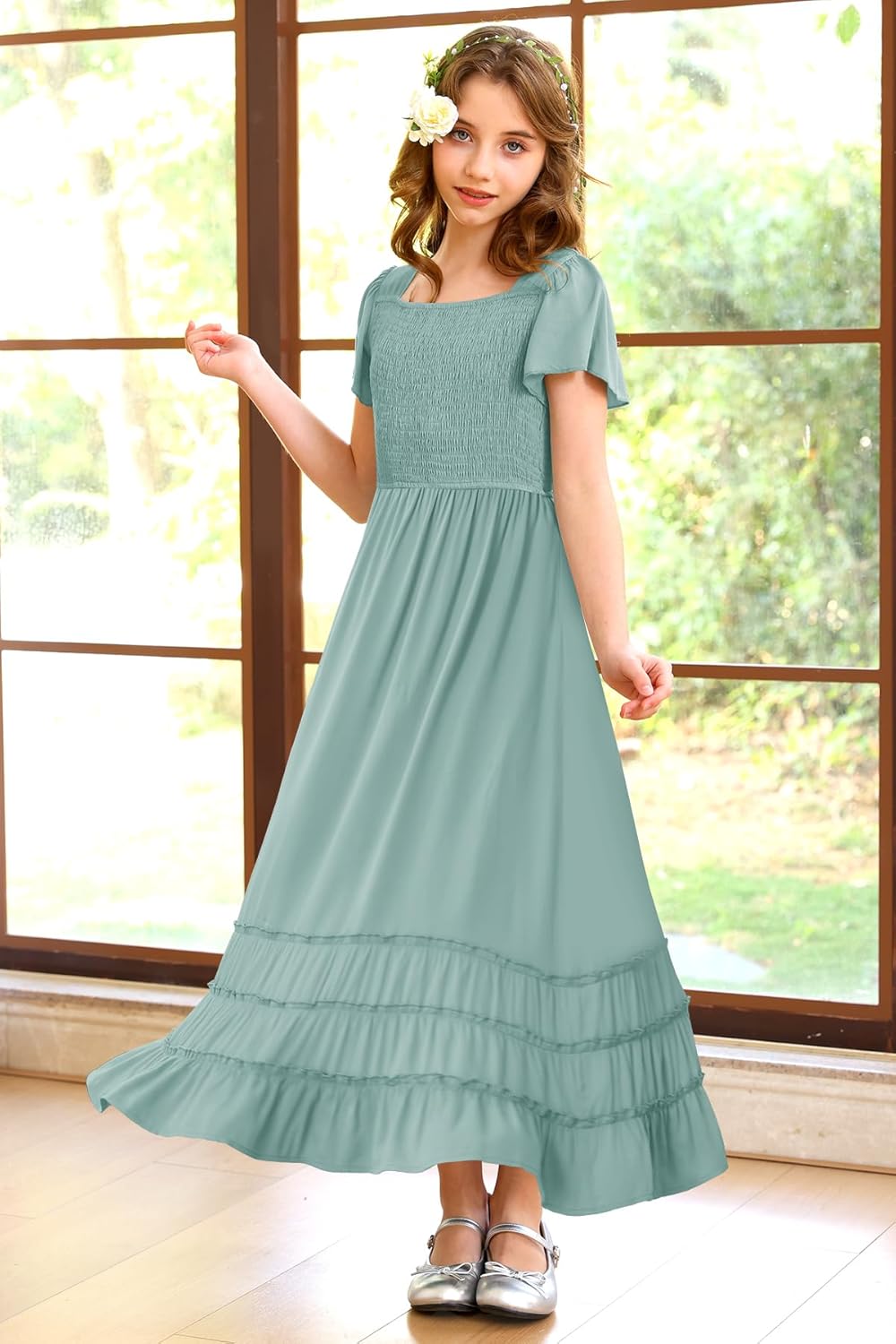 HOSIKA Girls Boho Summer Short Sleeve Square Neck Smocked Flowy Ruffle Tiered Maxi Dress 6-12 Years
