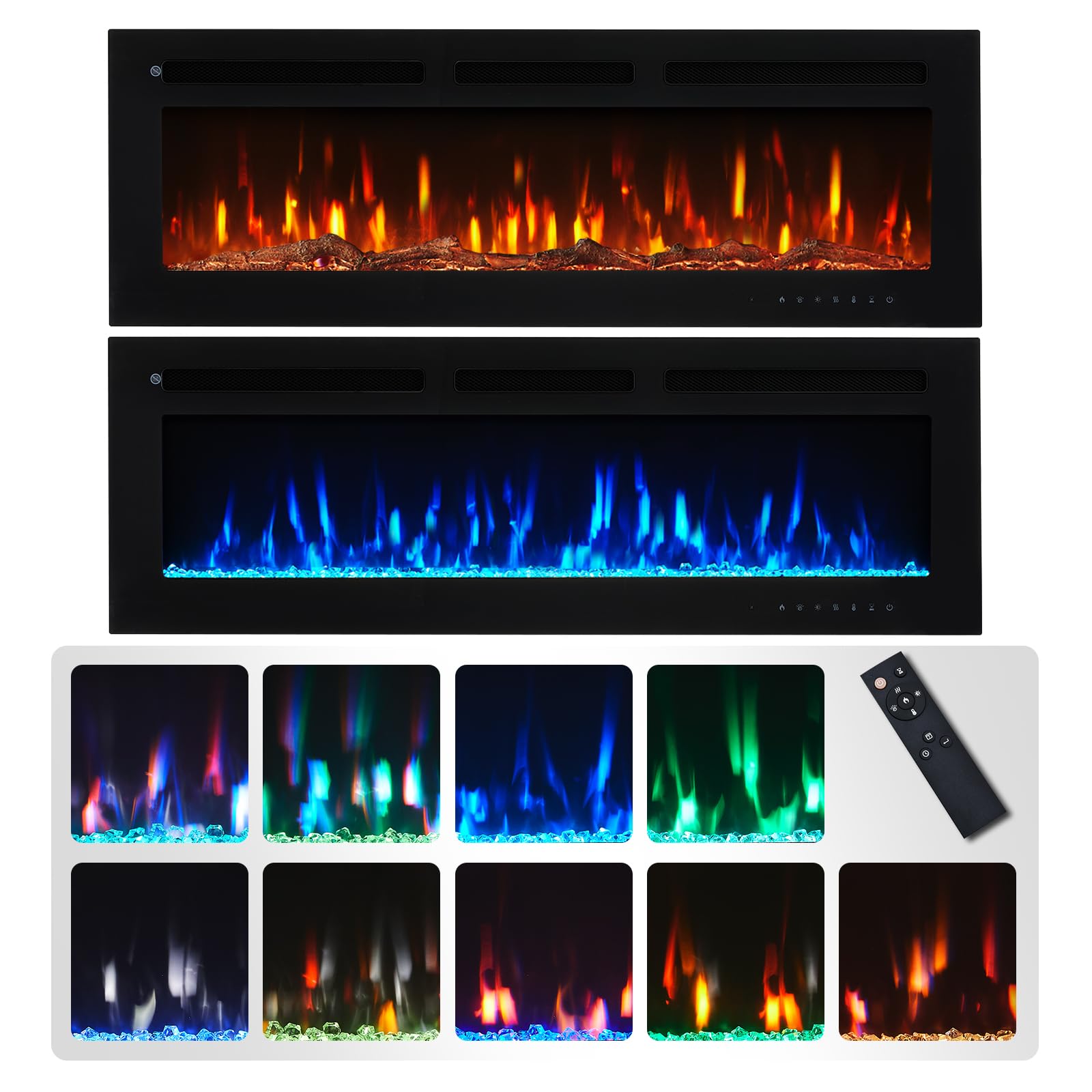 Flameko Black Winslow 127Cm/50" 3-In-1 Electric Fireplace, Recessed, 9 Colour Led Flame Effect, Touch Screen & Remote, Tv Safe Media Wall, 2 Heat Setting Fan Heater 900W-1800W Logs & Crystals Included
