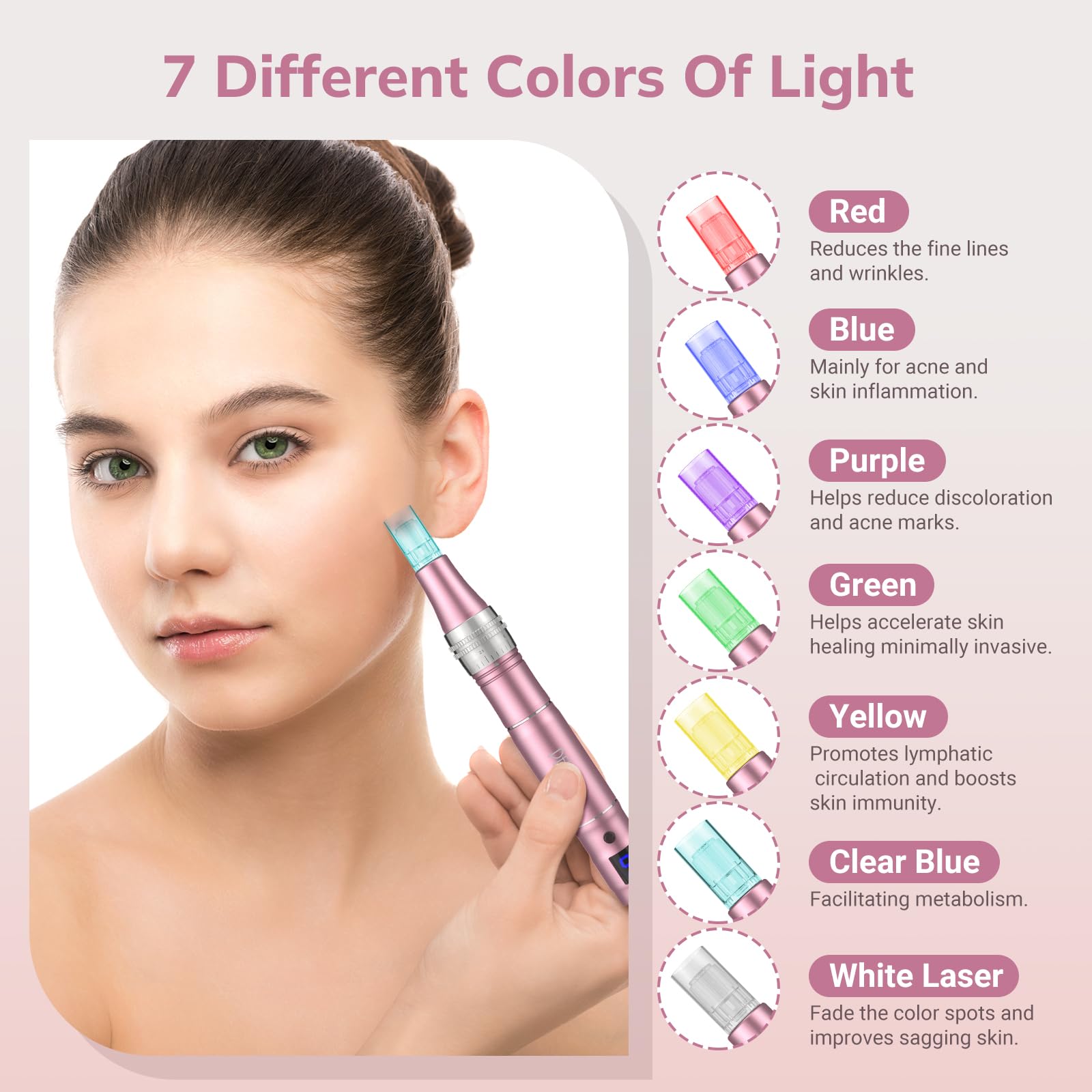 PELCAS Derma Pen mit 7 Farben Licht Tragbarer Elektrischer Mikrodeedling Pen mit 9 Geschwindigkeiten und 12 Patronen LCD Anzeige Mikronadel Schönheit Pen Rosa