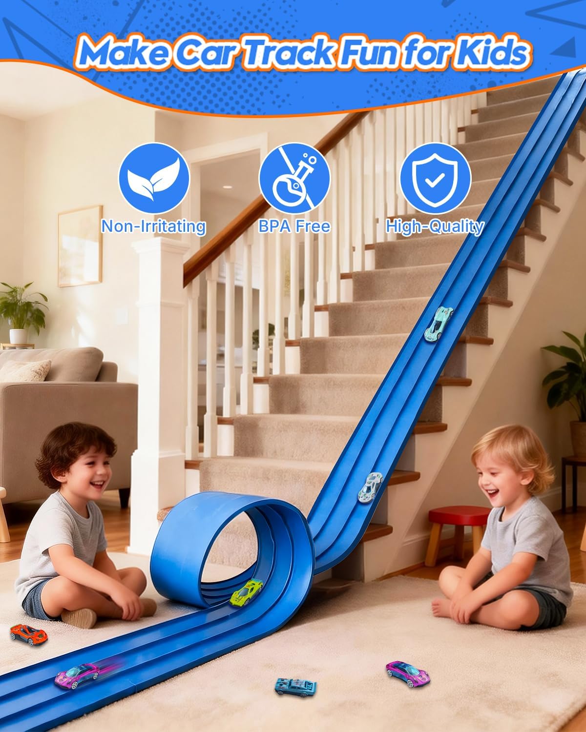 3-Lane Flex Track 15 Ft Flex Race Car Track with 6 Toy Cars,Portable DIY Racetrack Compatible Diecast 1/64th Cars for Ages 3 Up,Birthday Gifts for Boys (Dark Blue-2)