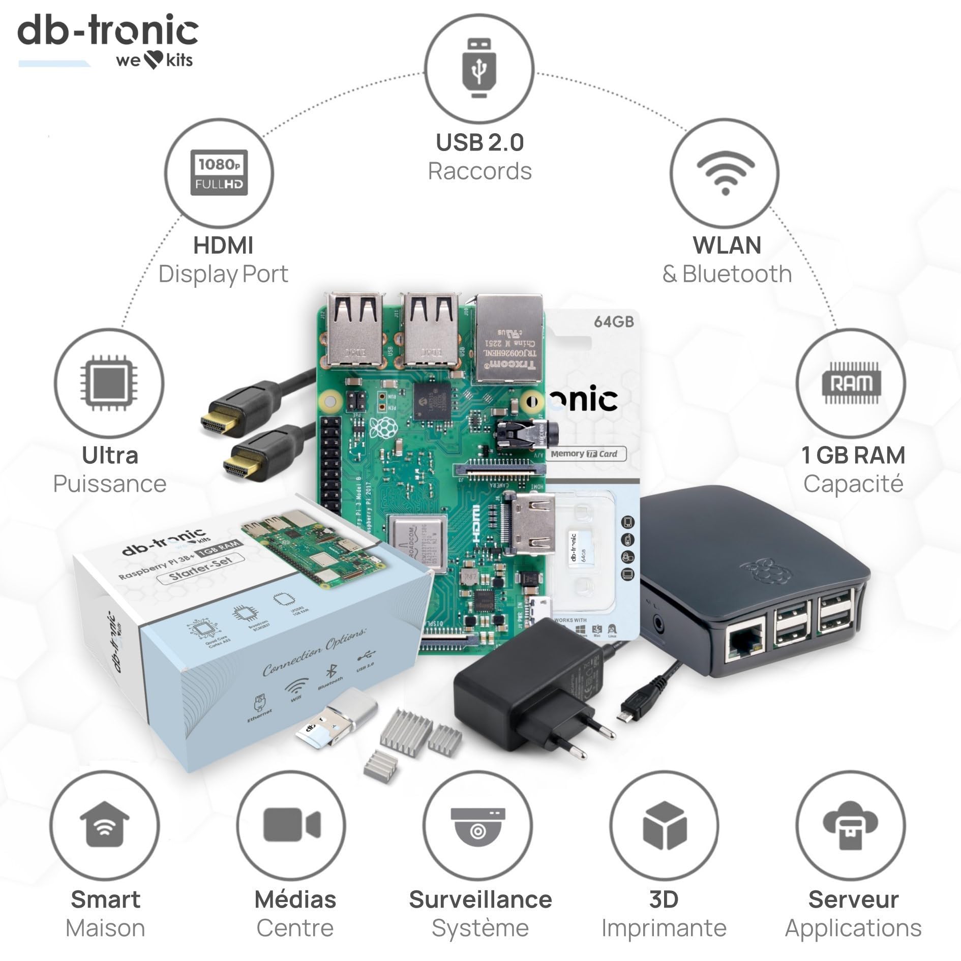 db-tronic Raspberry Pi 3 B 1 Go Starter Kit | Édition 64 Go | Alimentation | Boîtier | HDMI | Lecteur USB | Dissipateurs | idéal pour Home Assistant et Le Smart Home