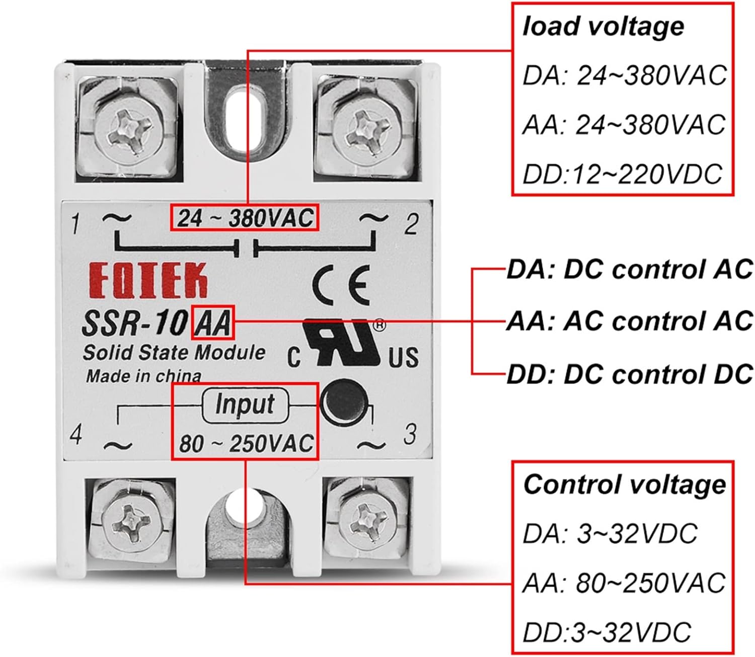 Solid State Relay 10A 25A 40A Single Phase Module 3-32V Input DC 24-380V AC Output SSR-10DA SSR-25DA SSR-40DA I-50(DA (DC-AC),I-50(10-40A))