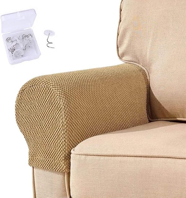 Armrest Chair Covers, NEKOSUKI Set of 2 Stretch Fabric Armchair Couch Arm Rest Cover, Anti-Slip Spandex Polyester Sofa Chair Arm Caps Slipcovers for Chairs Furniture Protector (Light Golden)