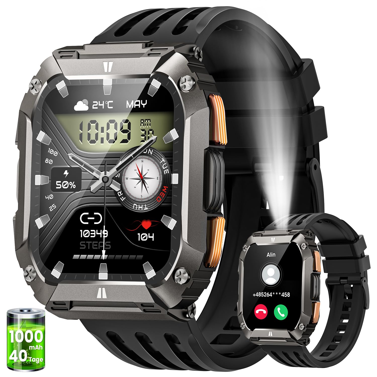 Men's Military Smartwatch with LED Flashlight and 1000 mAh Battery, 2.01 Inch AMOLED Smartwatch with Calls, 113 Sports Modes, 5ATM Waterproof Fitness Watch, Heart Rate Monitor/Sleep/SpO2 Android iOS Men's Military Smartwatch with LED Flashlight and 1000 mAh Battery, 2.01 Inch AMOLED Smartwatch with Calls, 113 Sports Modes, 5ATM Waterproof Fitness Watch, Heart Rate Monitor/Sleep/SpO2 Android iOS