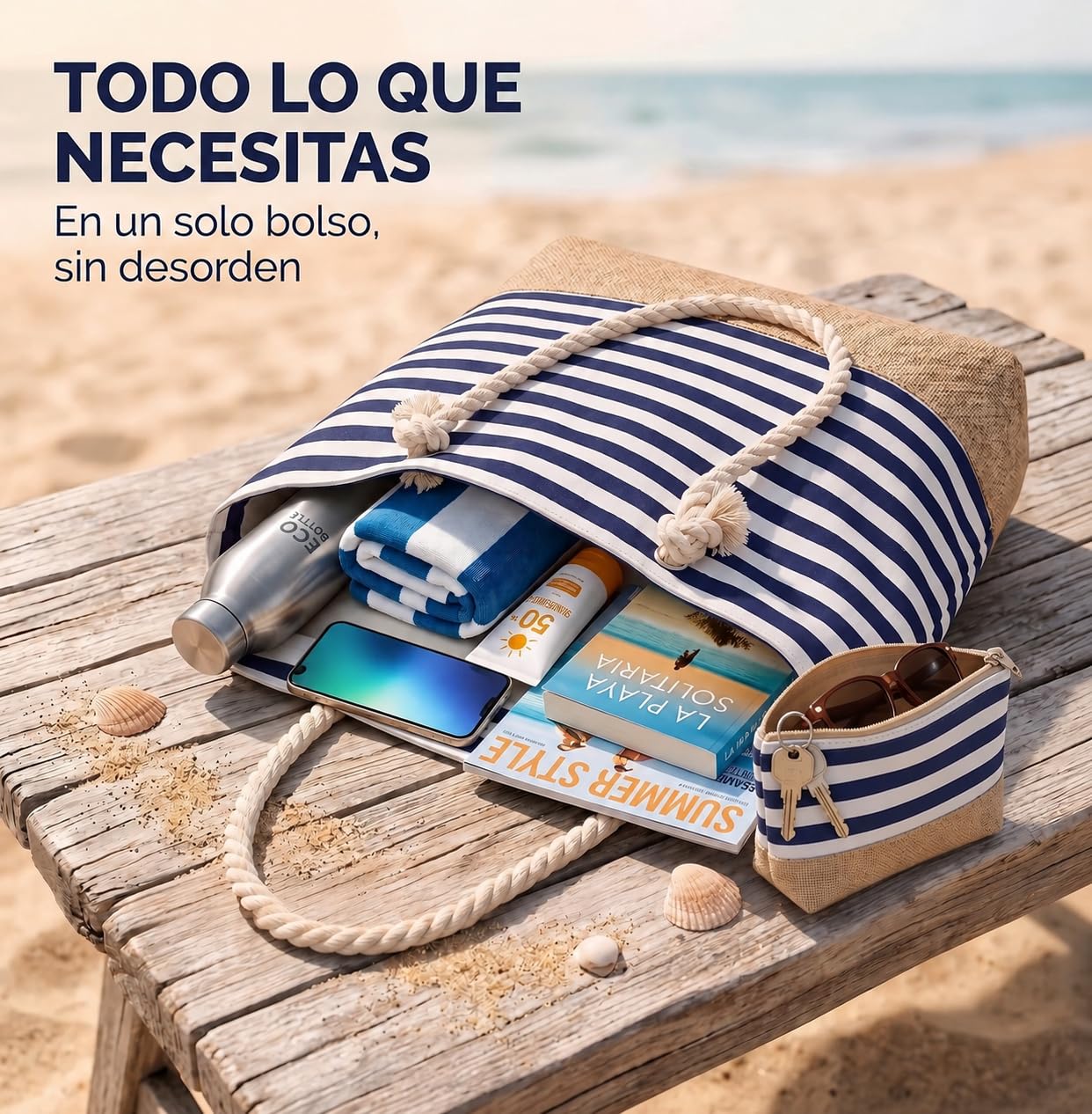 AlfaHome - Bolso playa mujer grande con cremallera – Bolsa playa impermeable con neceser adicional, bolso verano mujer resistente y elegante para playa, piscina o uso diario (50x35x15 cm, 22L)
