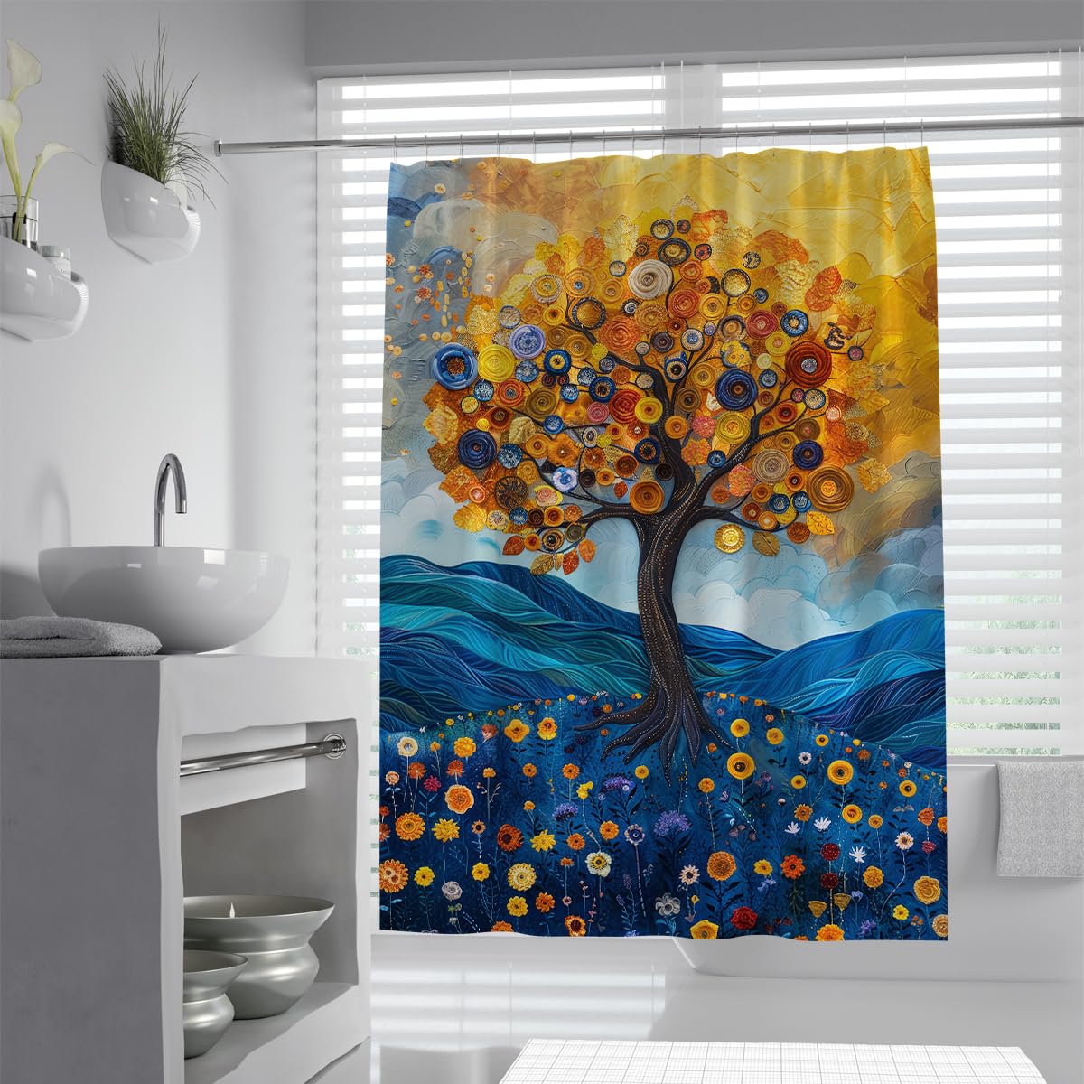 Tree of Life Shower Curtain Fantasy Plant Aesthetics Bath Accessories Art Home Decor Boho Blue Hills Boho Flower Soft Fabric Bathroom Curtains 150x180