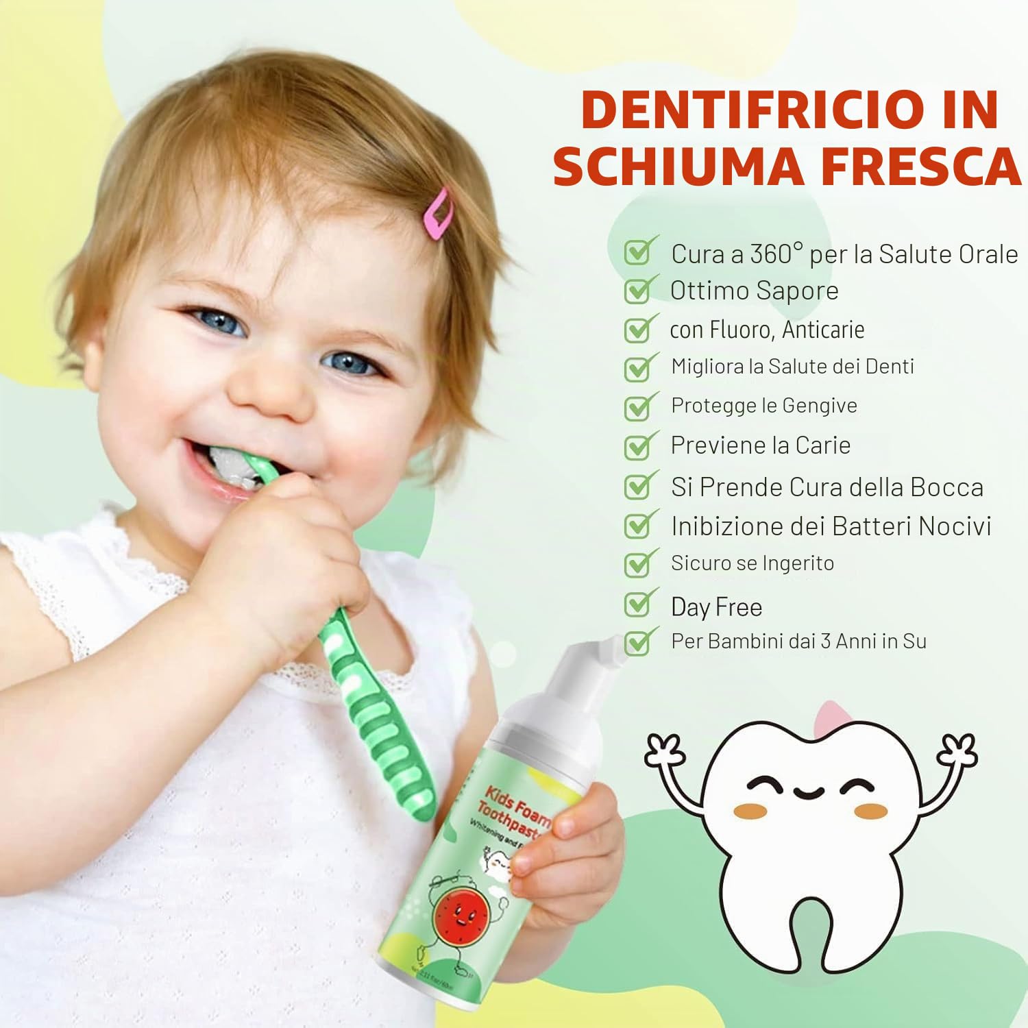 Dentifricio Schiuma Bambini, Riduce la Placca, Dentifricio in Schiuma Sbiancante a Basso Contenuto di Fluoro con Formula Naturale per Spazzolino a Forma di U dai 3 Anni in su (Fragola & Anguria)