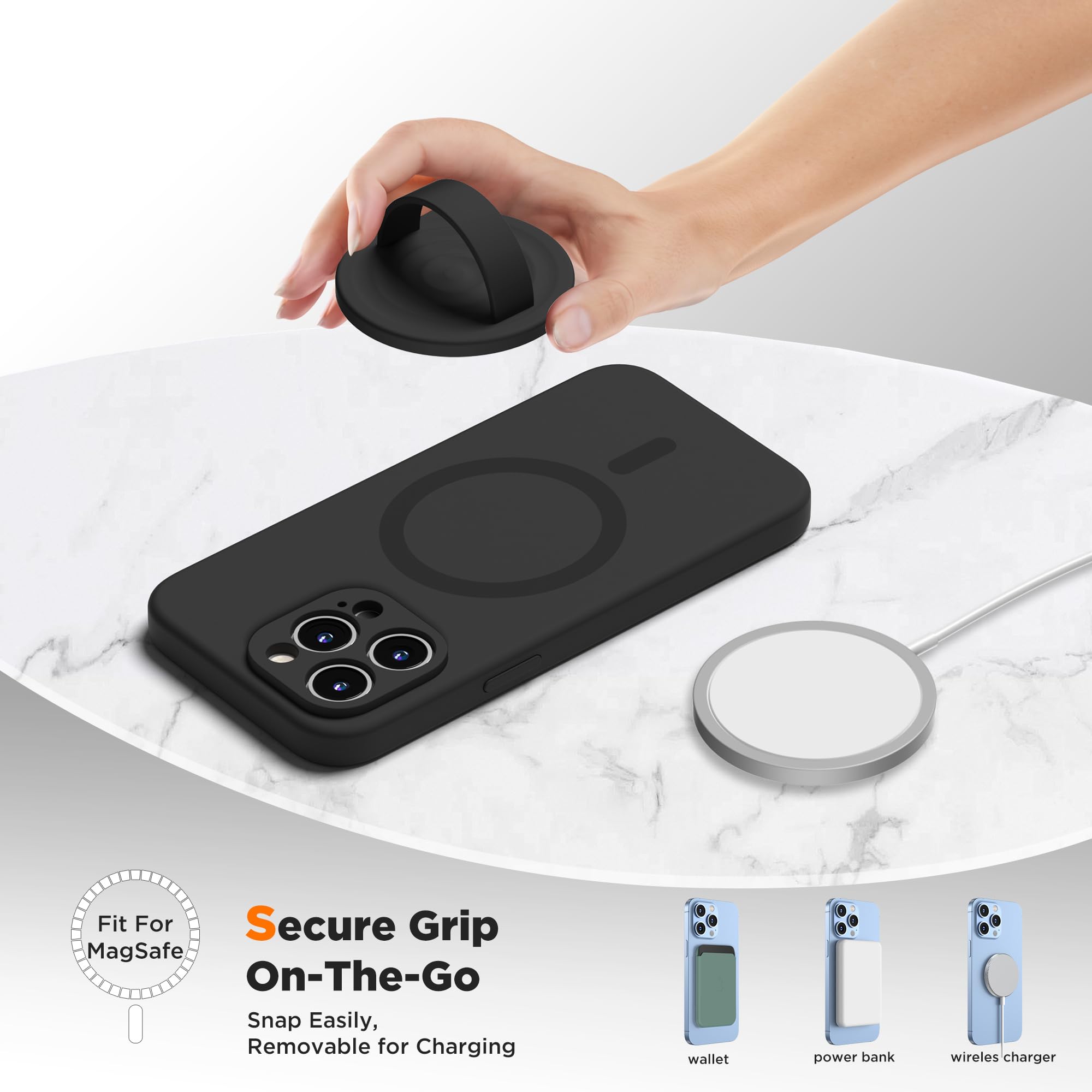 Agarre magnético mejorado para teléfono, silicona líquida suave y portátil, soporte extraíble para iPhone, fuerte atracción magnética, compatible con funda MagSafe, color negro