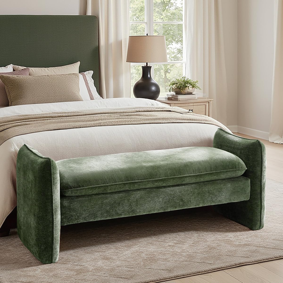 LEGACY OF COMFORT Ashley Upholstered Bedroom Bench with Curved Armrests | Premium Velvet Fabric | Grey | End of Bed Bench for Bedroom, Living Room & Entryway (Green)-picture-26