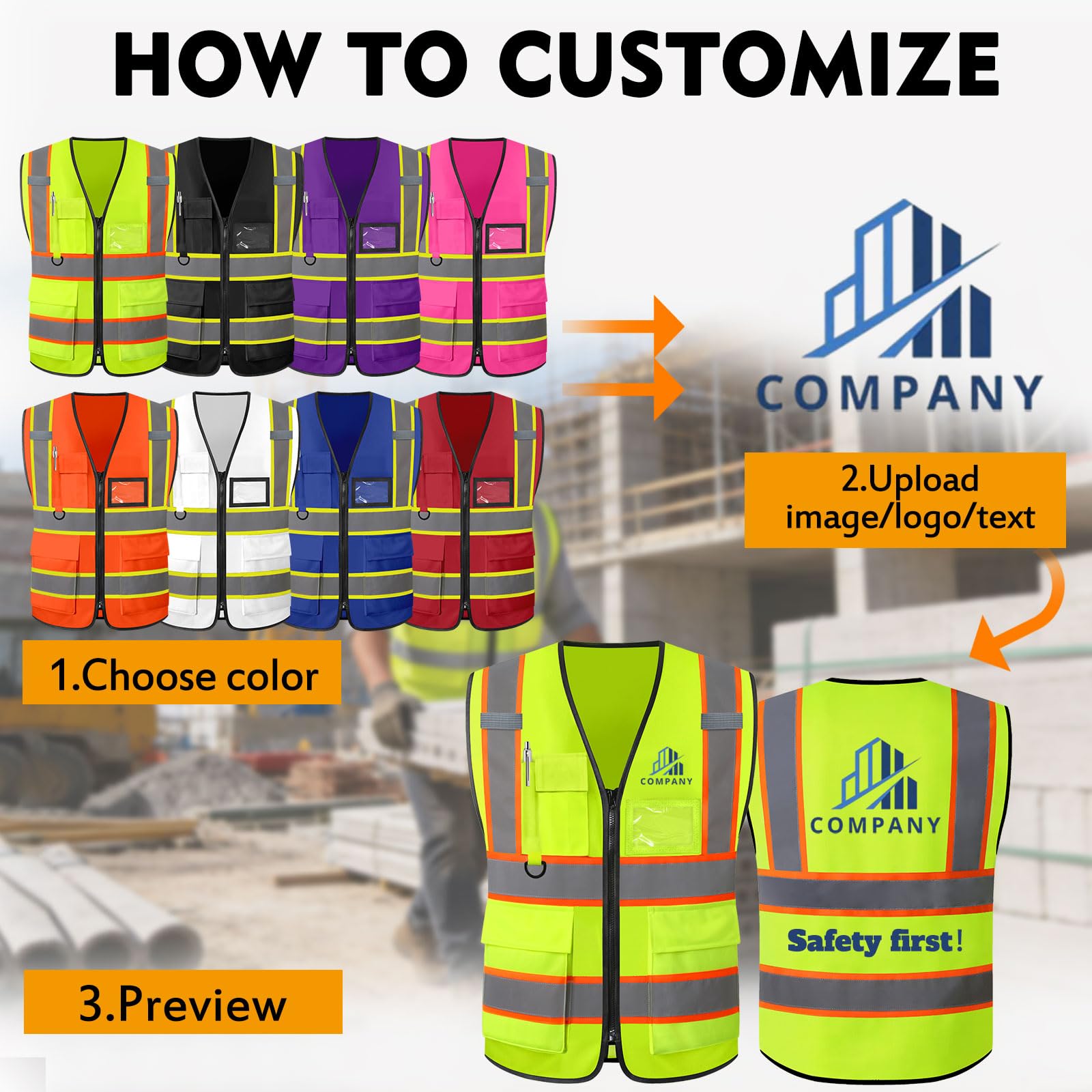 Custom Safety Vest Logo High Visibility Vest Personalized Dual Tone Reflective Strips Pockets Zipper - 2