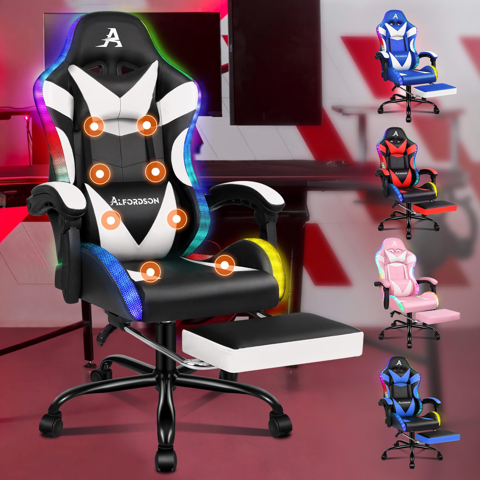 ALFORDSON Silla Gaming con Masajeador y Luces LED, Silla Gamer Ergonómica para Escritorio, Altura Regulable Cadeira con Apoyo Lumbar y Reposacabezas, Respaldo Inclinable hasta 150°, Cuero PU(Blanca)