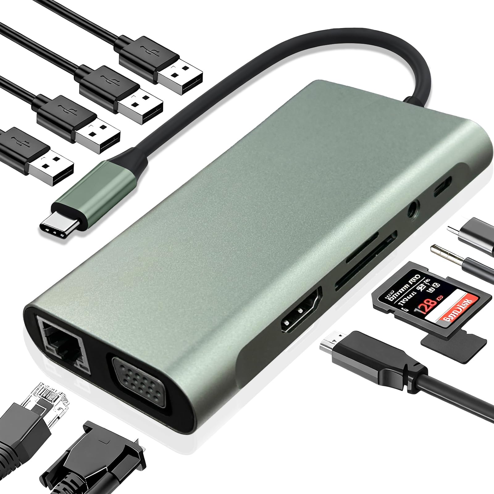 USB C Hub 11-in-1 Docking Station Type-C Multiport Adapter with 4K HDMI VGA 100W PD USB 3 0