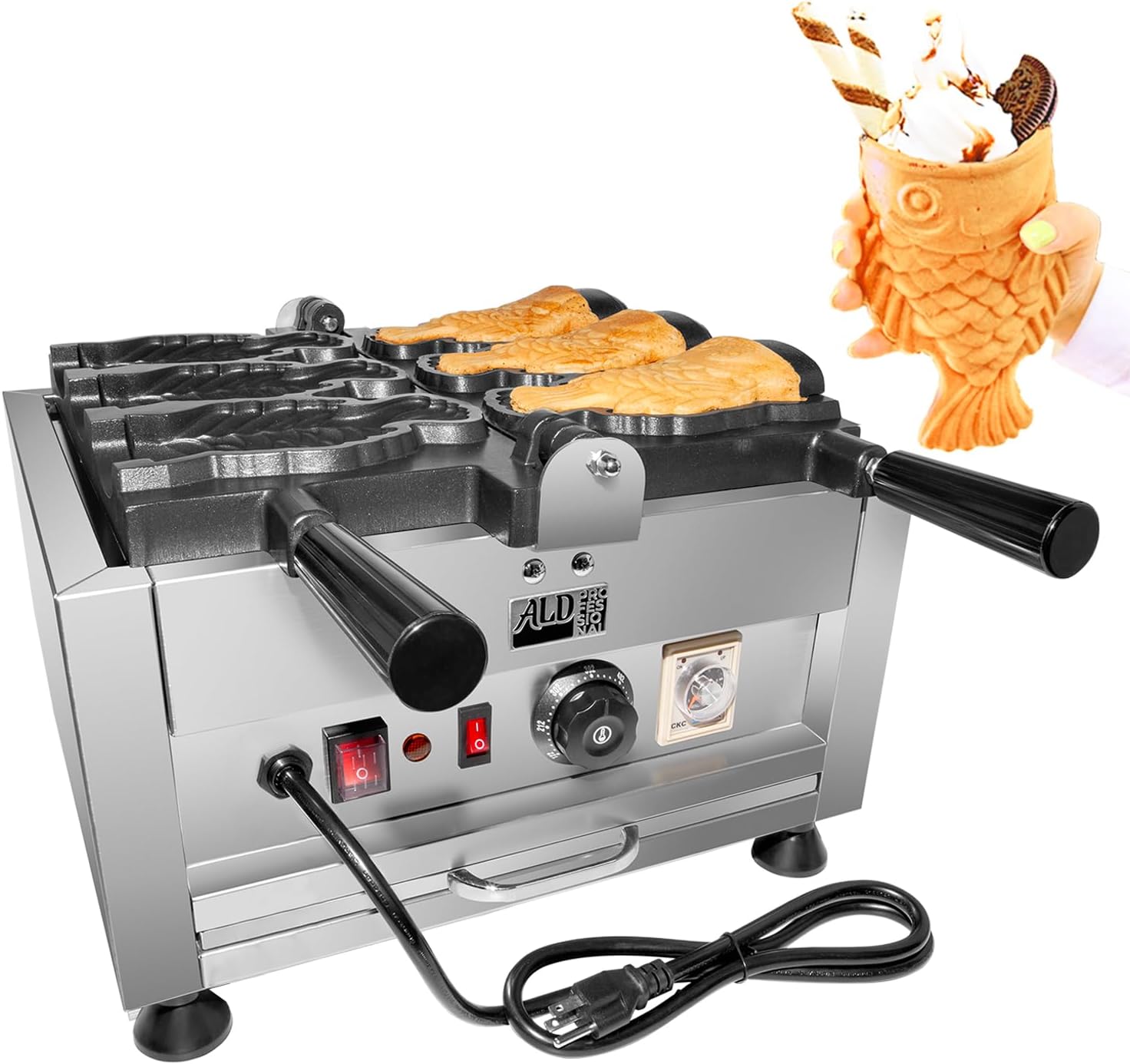 ALDKitchen Taiyaki Fish Waffle Maker | Fish-Shaped Waffle Iron | 3 Big Open-Mouth Fish | Nonstick | 110V
