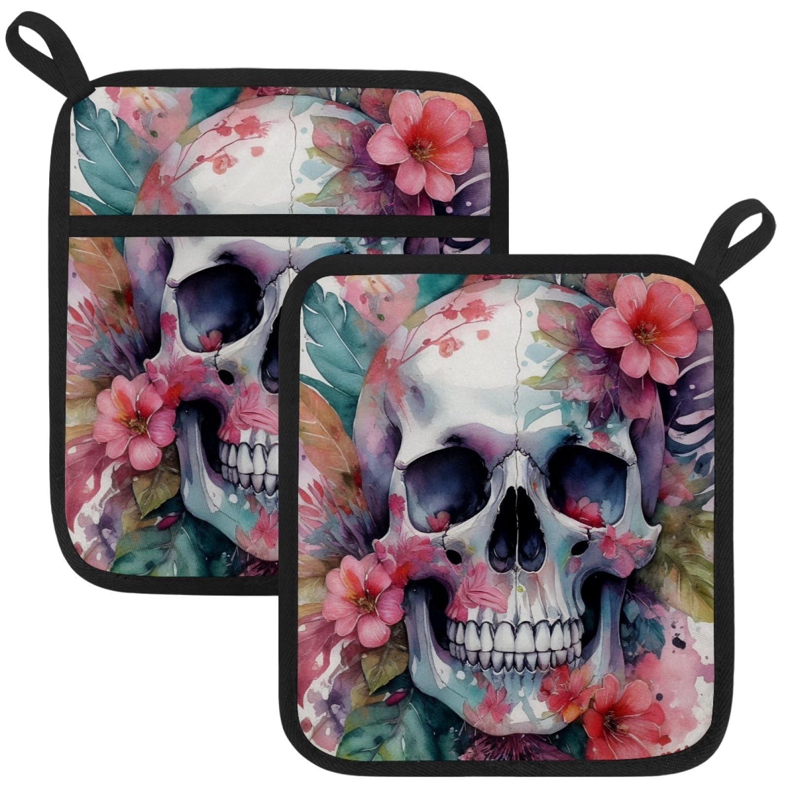 VAPOKF Skeleton Flower Pot Holders with Pocket for Kitchen Heat Resistant Potholders Large Polyester-Cotton Square Oven Mitts Set