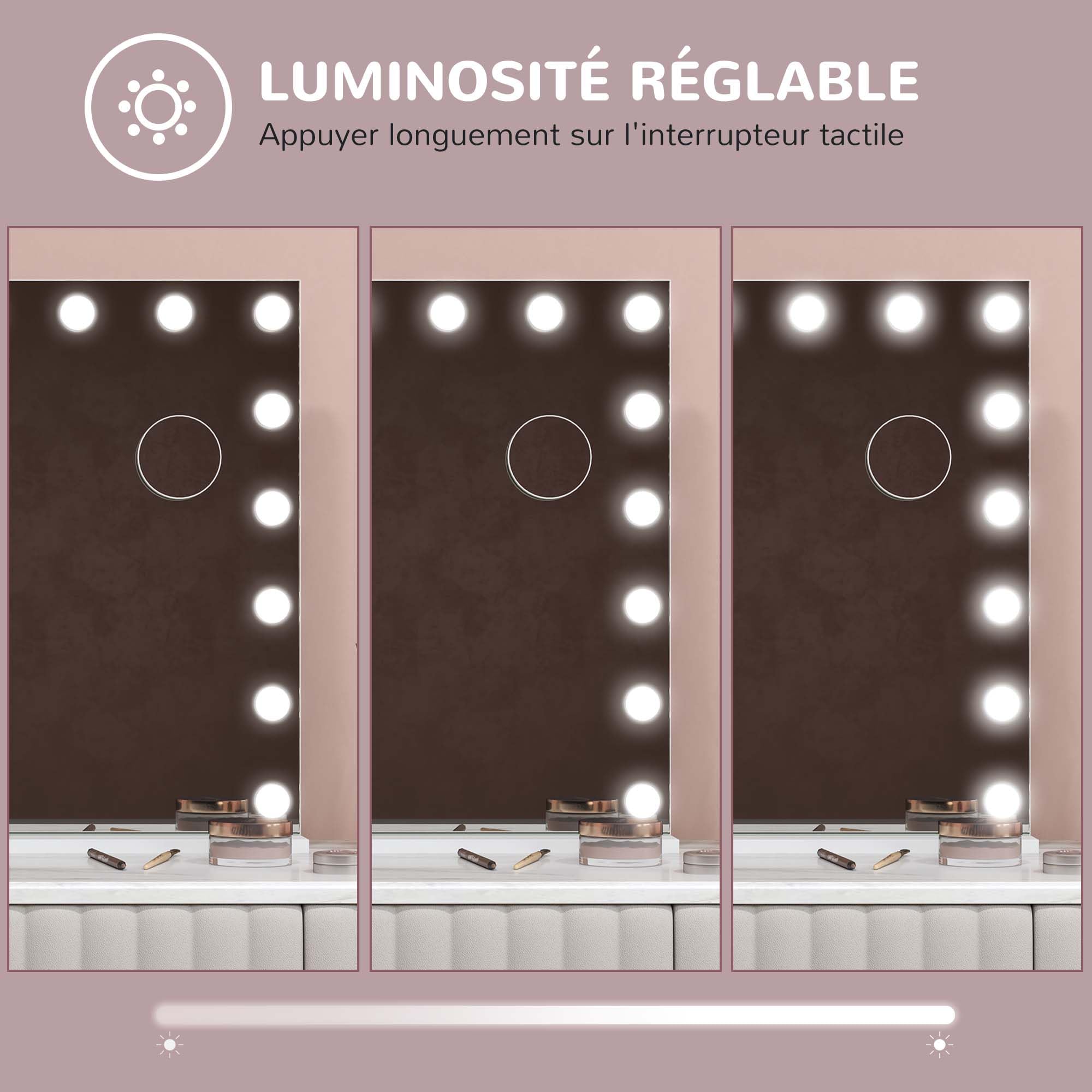 HOMCOM Miroir Maquillage Hollywood Lumineux LED Intensité Réglable 80x62cm | Miroir Grossissan, Port de Charge USB, Support de Téléphone