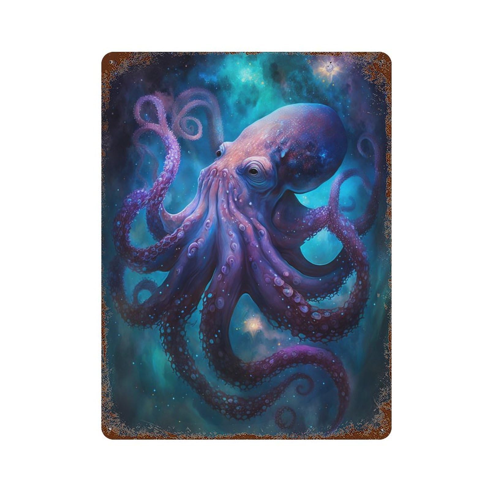 Garage Style Galactic Octopus Art Print-10 Rust Effect Tin Sign 15.7"x11.8", Classic Wall Plaque for Bar And Workshop