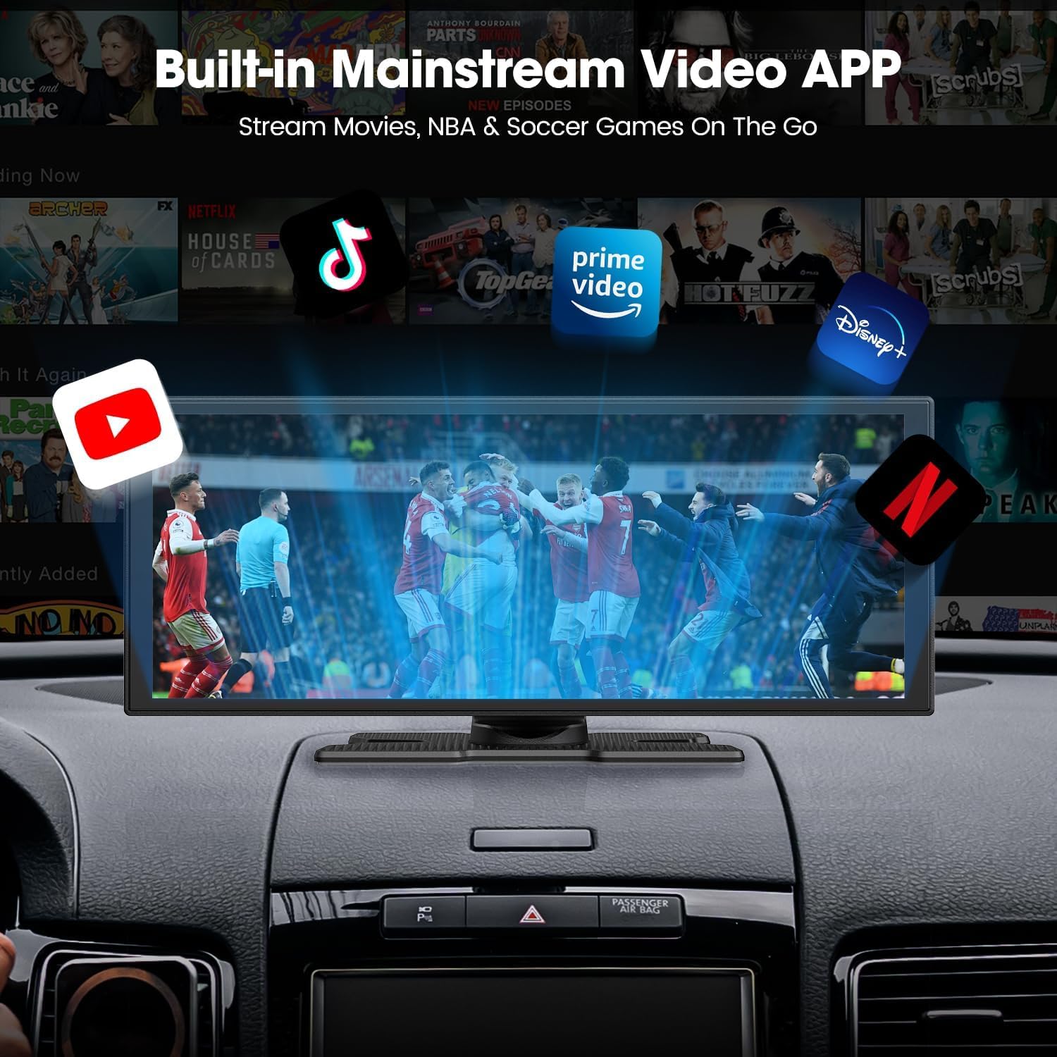 Image showing the CarPlay screen displaying various built-in streaming applications like Netflix, YouTube, and TikTok.