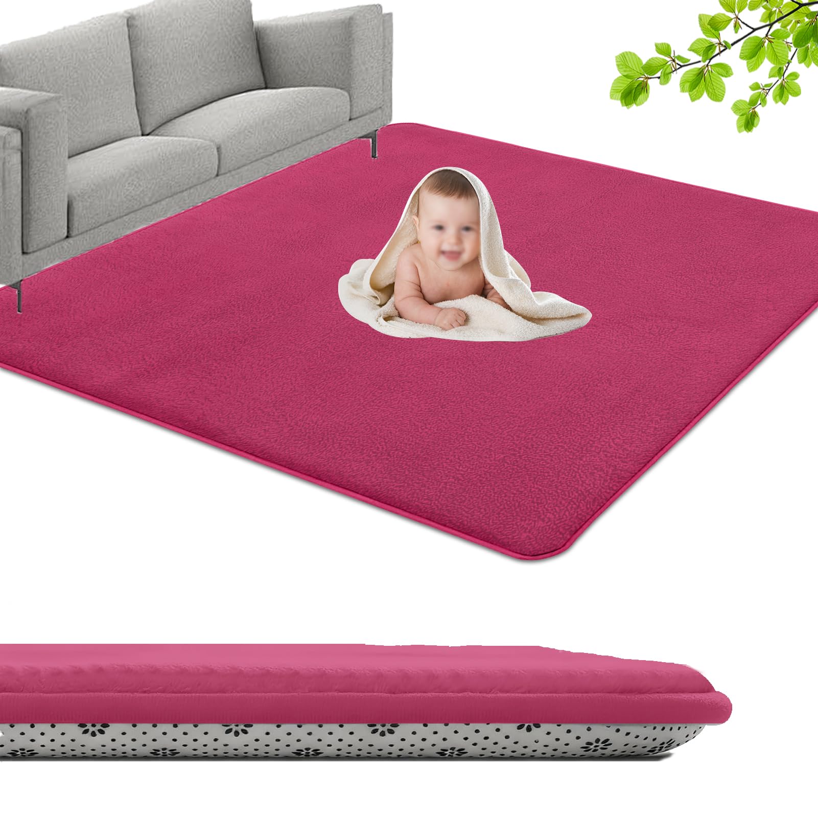 GmyoieqI Large Coral Velvet Baby Play Mat, 3CM Memory Foam Area Rug 200 x 220 cm Children's play mat Soft Play & Tummy Time, Playmat for Floor with Non-Slip Backing Crawling, Easy Care Rug Rose Red
