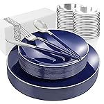 KIRE 175Pcs Blue Plastic Plates with Silver Rim & Disposable Silverware with Blue Handle & Silver-rim Cups & Hand Napkin & Plastic Dinnerware for Hanukkah/Parties/Wedding