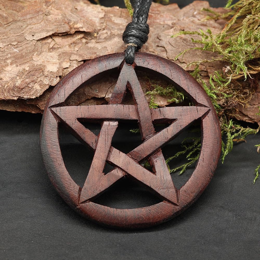Pentagramm Halskette Schmuck Holz keltische Kette Drudenfuß zeitlos Wicca Kette natürlich Holzschmuck mit Band magischer Hexenstern Kettenanhänger