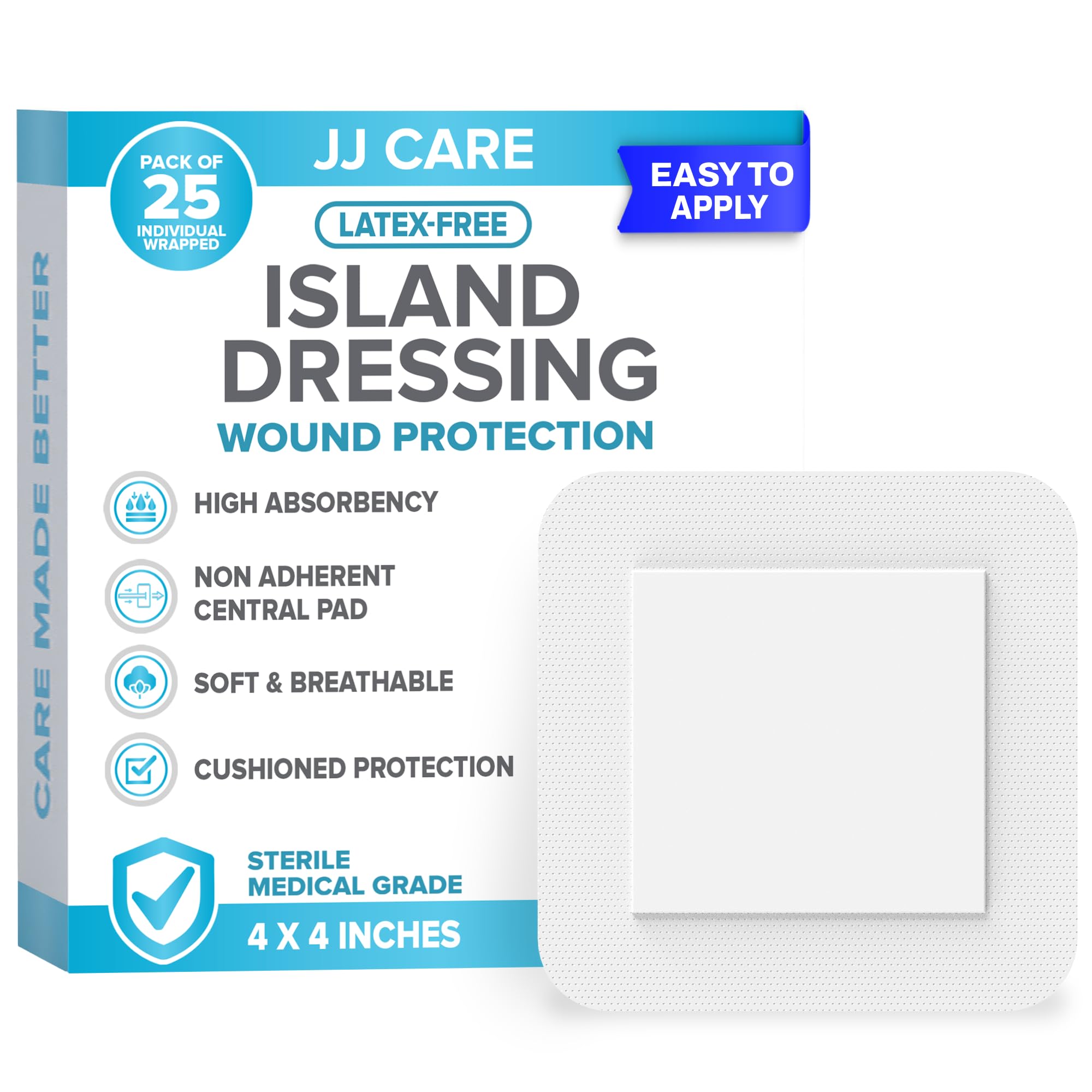 JJ CARE Adhesive Island Dressing [Pack of 25], 4x4 Sterile Bordered Gauze, Breathable Island Wound Dressing, Individually Wrapped Adhesive Gauze
