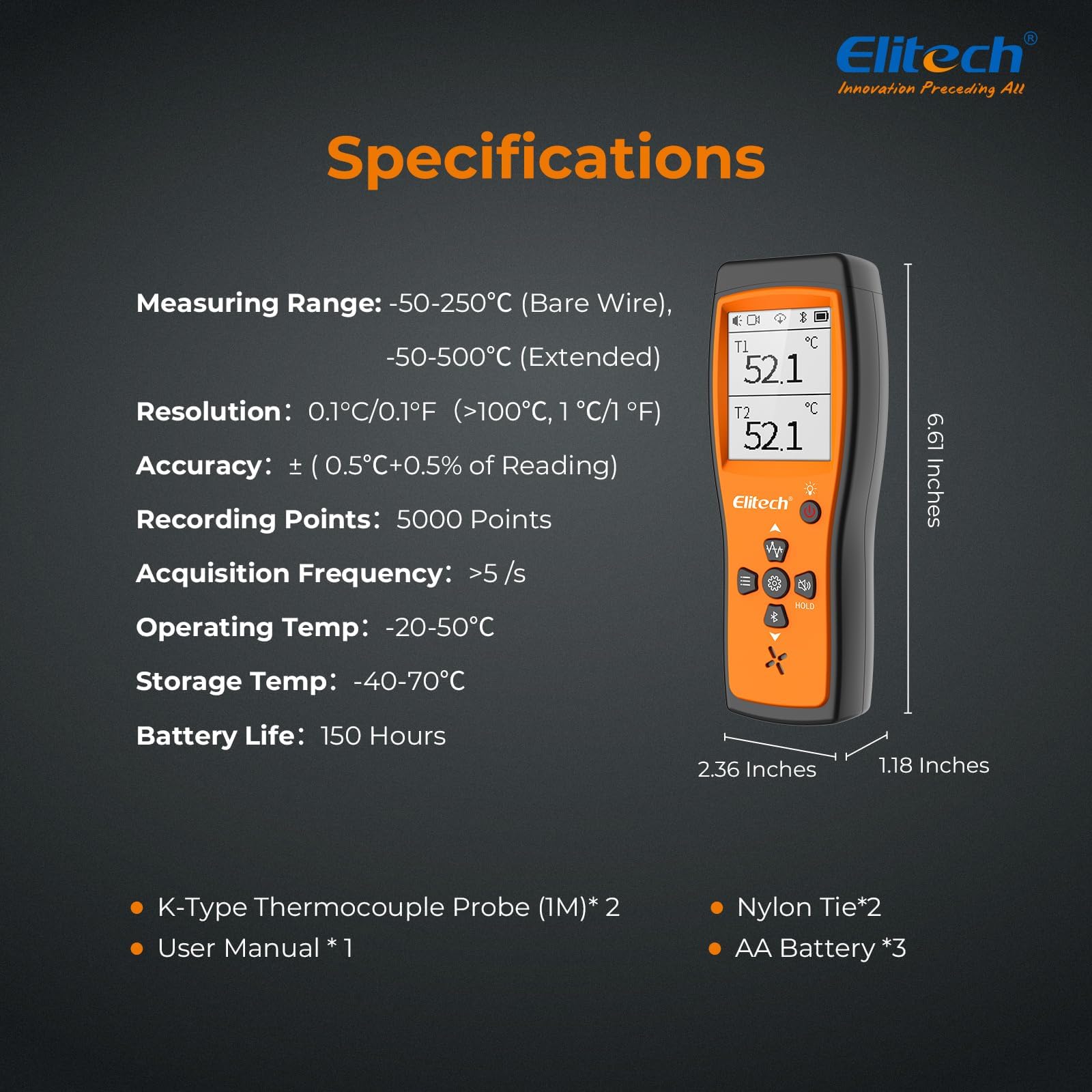 ICT-220 Doppel Thermoelement Thermometer, Hochpräziser K-Typ Temperatursensor mit App, Schnelle Reaktionszeit, Geeignet für Kältetechnik, Fahrzeugwartung und Wärmepumpen-Industrie