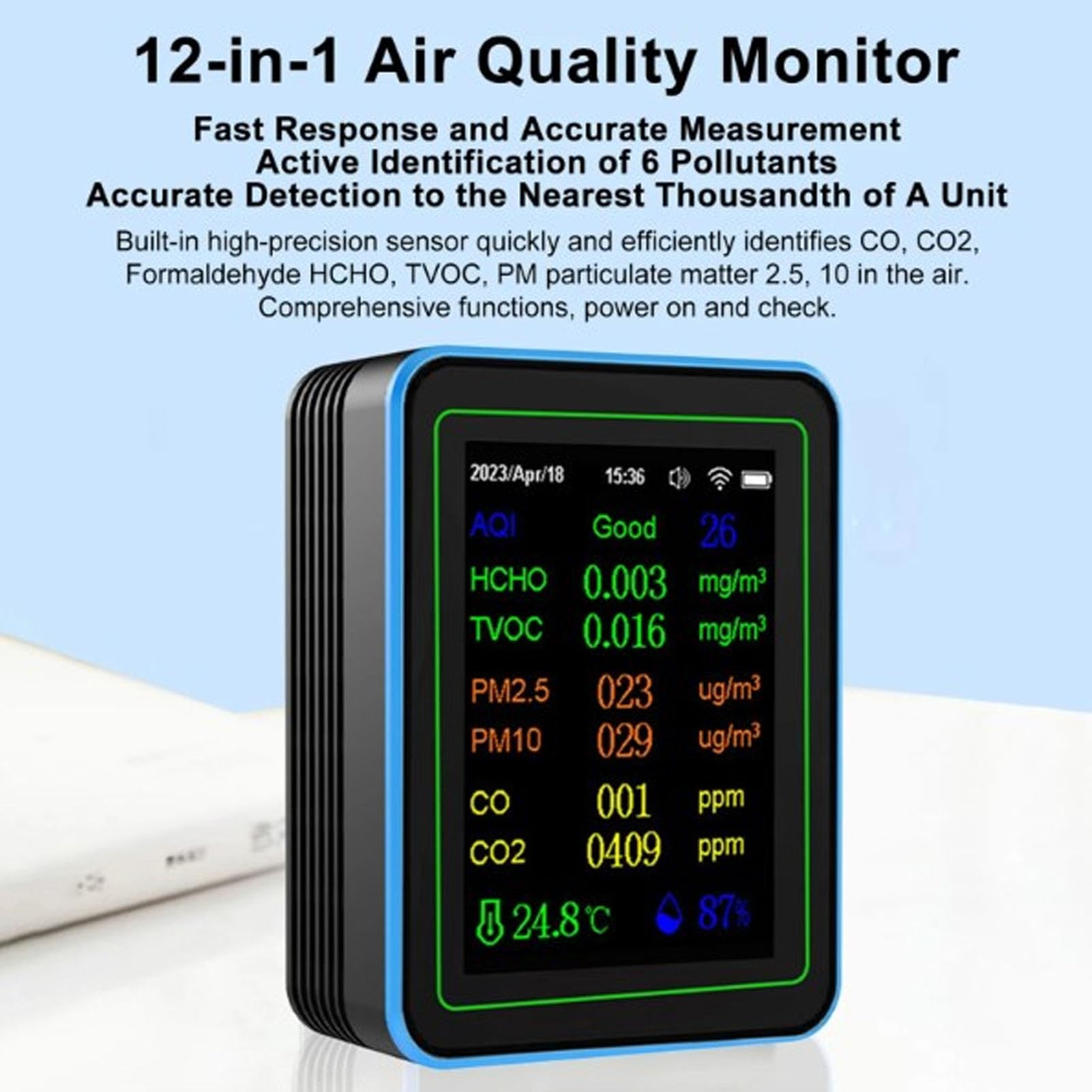 Medidor de Calidad del Aire 12 en 1 WiFi Monitor Inteligente de Calidad del Aire Interior con CO2 TVOC HCHO Temperatura Detección de Humedad Pantalla Grande para Oficina en casa (Amoratado)