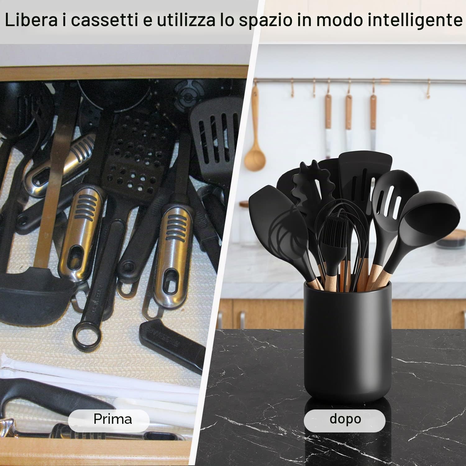 Portautensili da cucina nero per piano di lavoro, in ceramica opaca, per bancone, facile da pulire, moderno grande supporto per spatole per decorazioni in fattoria, 18 x 14 cm