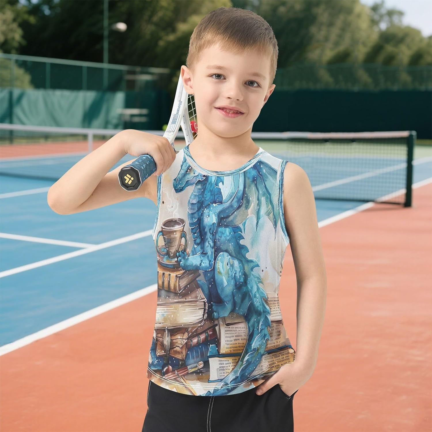 Sleeveless Tank Top Shirt for Boy, Athletic Quick Dry Tank Undershirt for Kids, Watercolor Dragon and Book, 3-15 Y