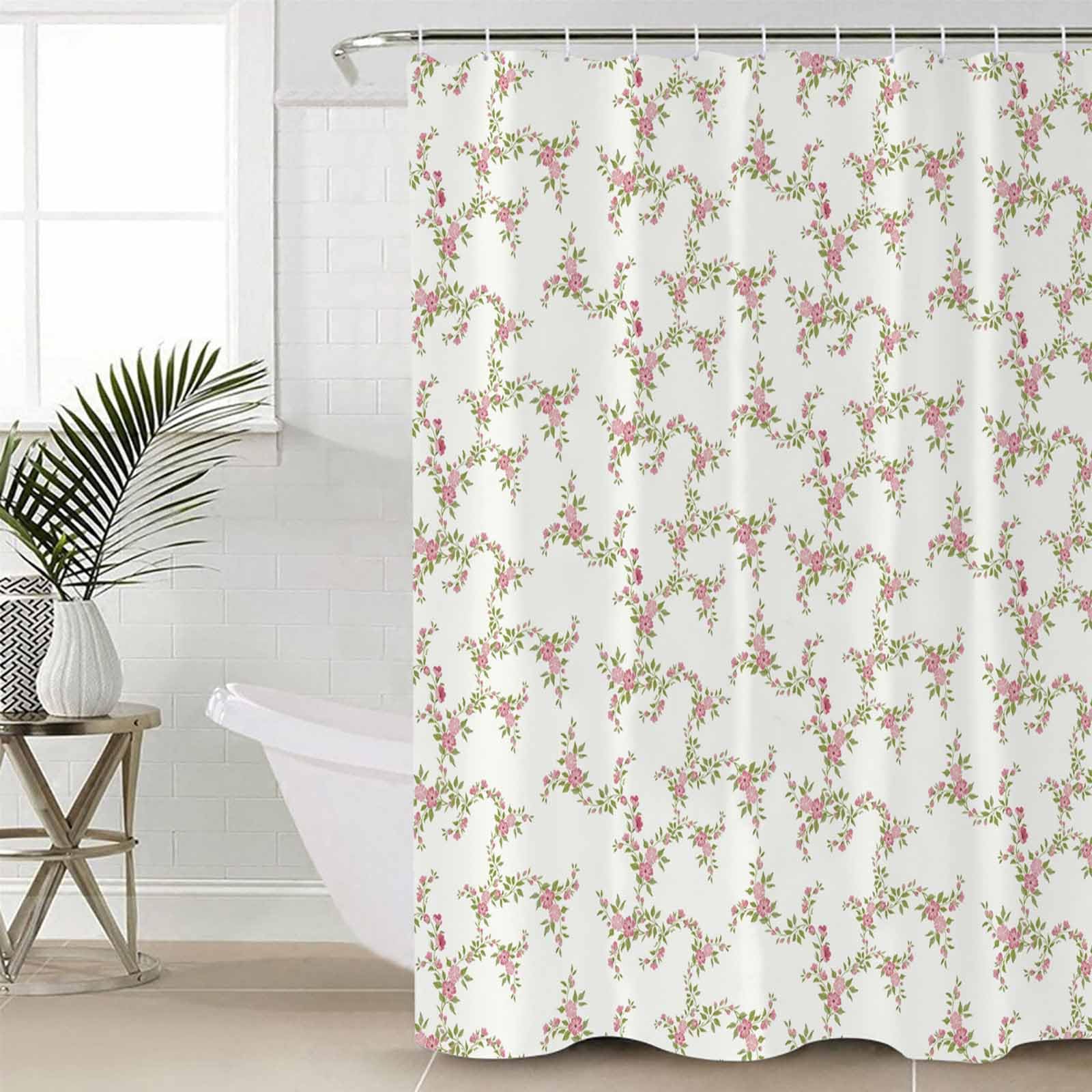 Pink Green Flower Floral Shower Curtain Set with Hook 72" x 72",Country French Romantic Botanical Washable Cloth Polyester Fabric Shower+Curtain,