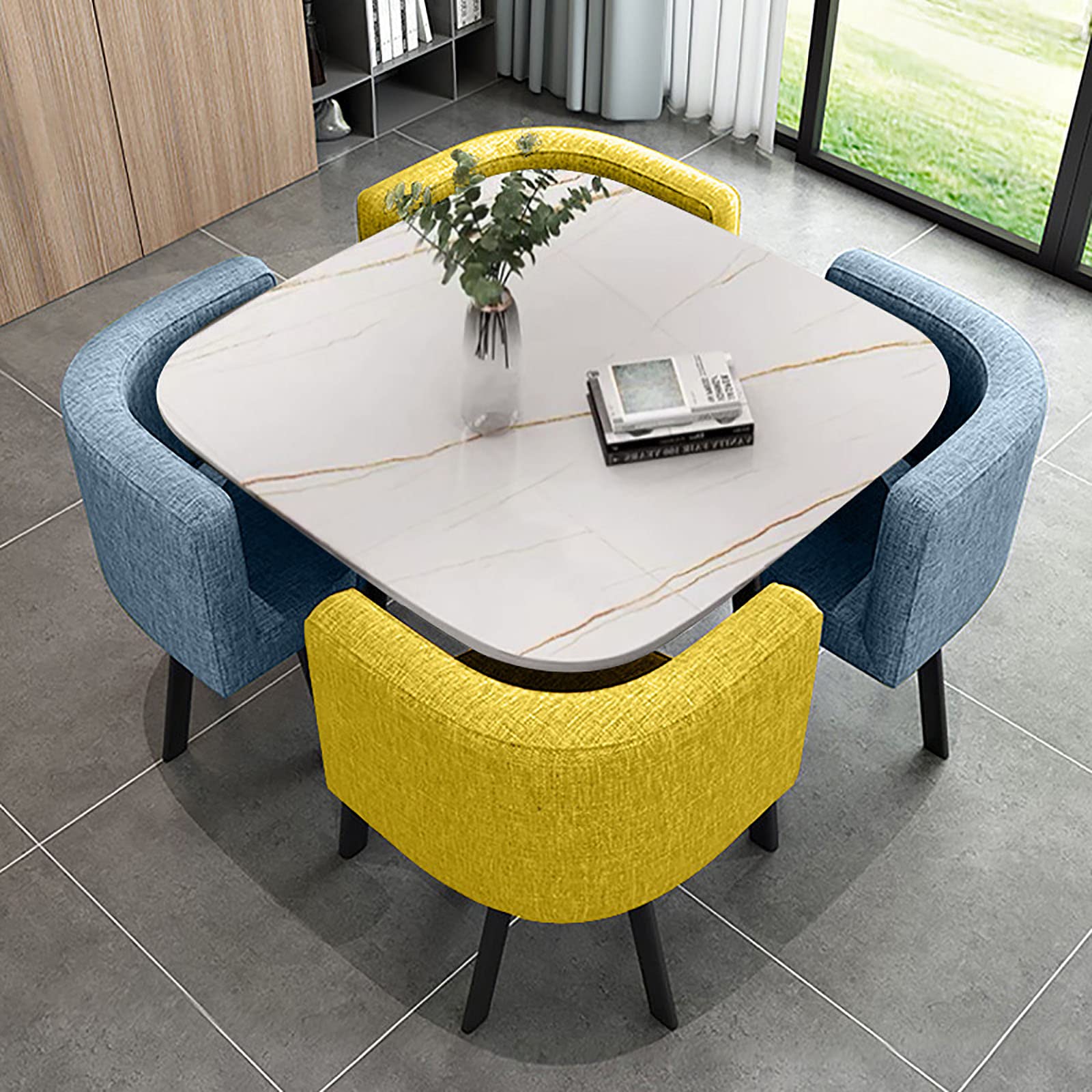 OLSKFUH Modern Round Dining Table Set With 4 Chairs For Business Meetings And Office Conference Small Round Coffee Table And Chair Combination Pu 6,Cottonandlinen-6-80 * 80 * 73cm