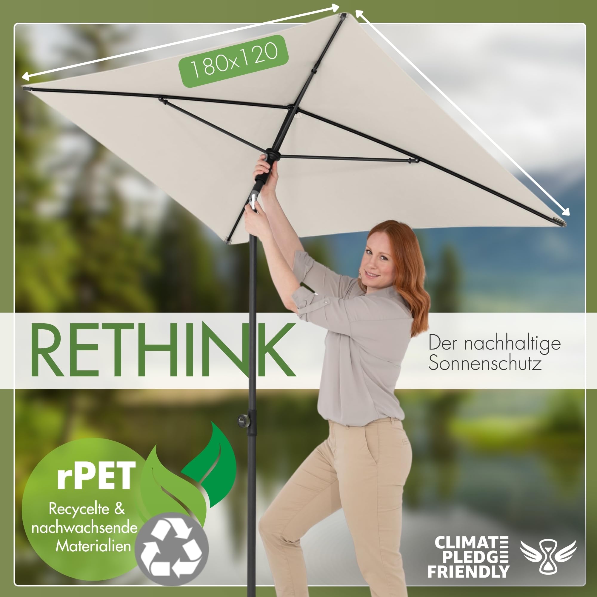 Doppler Sonnenschirm Rethink 180x120 cm, Natur, Balkonschirm mit Hülle | Rechteckiger Gartenschirm, Balkonschirm Schirm aus 100% recyceltem Polyester, Handöffner, neigbar & höhenverstellbar, UV 50+