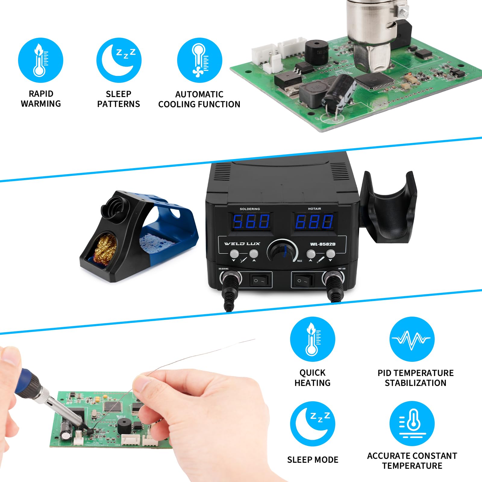 Kit de estación de soldadura digital de 820 W actualizado, estación de retrabajo de aire caliente 2 en 1 con visualización de °F /°C, conmutación de aire frío/calor, corrección digital de