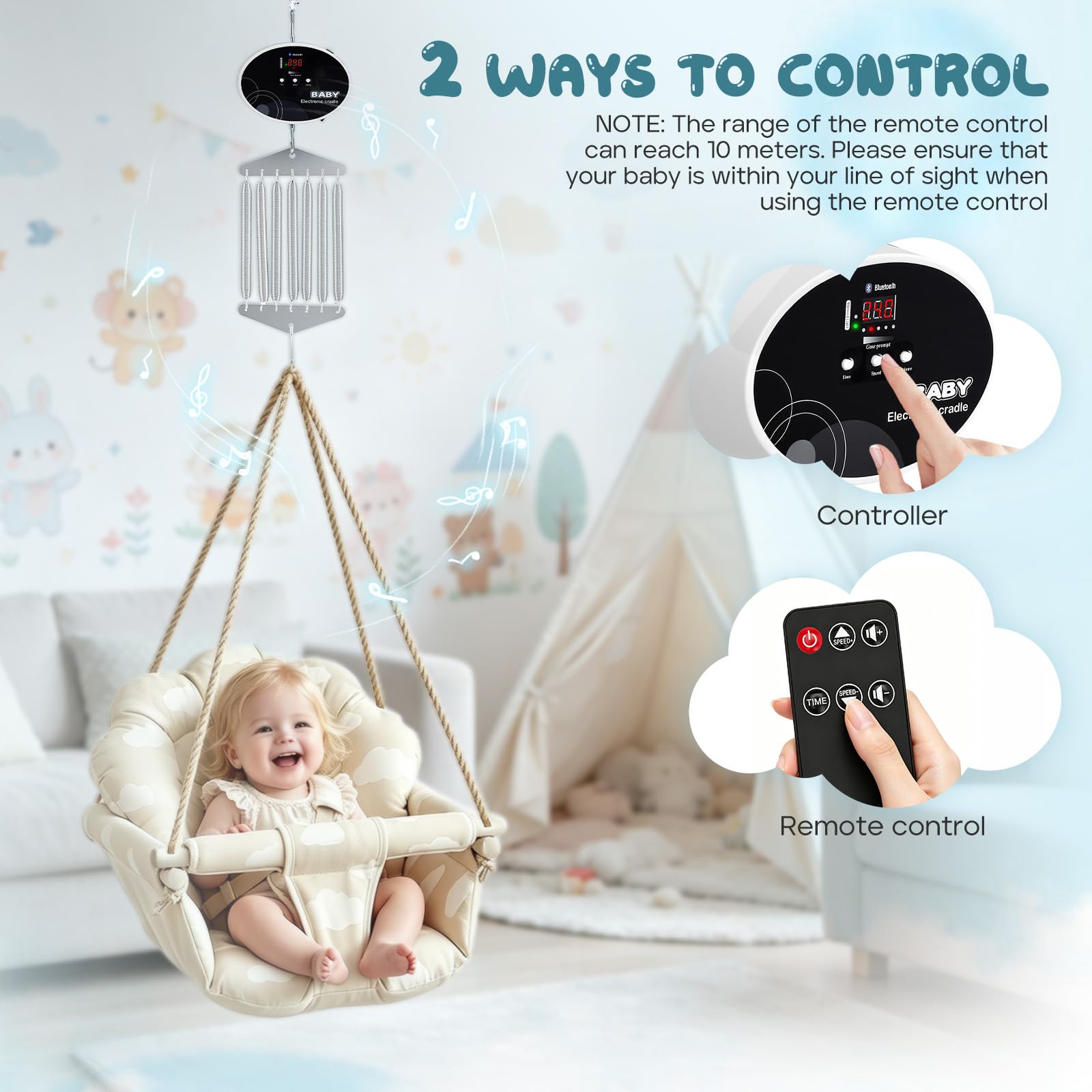 Controlador de columpio eléctrico para bebés recién nacidos, motor de columpio de resorte capacidad de carga de 20 kg, control de hamaca colgante para bebé con función de temporizador y música(Negro)