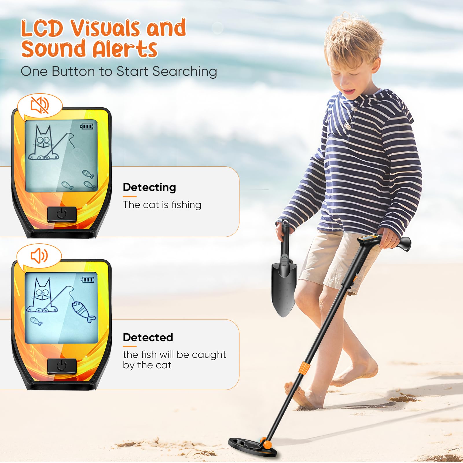 Detector de Metales Niños, Metales Detector con Bobina Impermeable de 18 cm con Pantalla LCD, Detector de Metales Muy Sensible con Bobina de Investigación Impermeable para Niños o Principiantes
