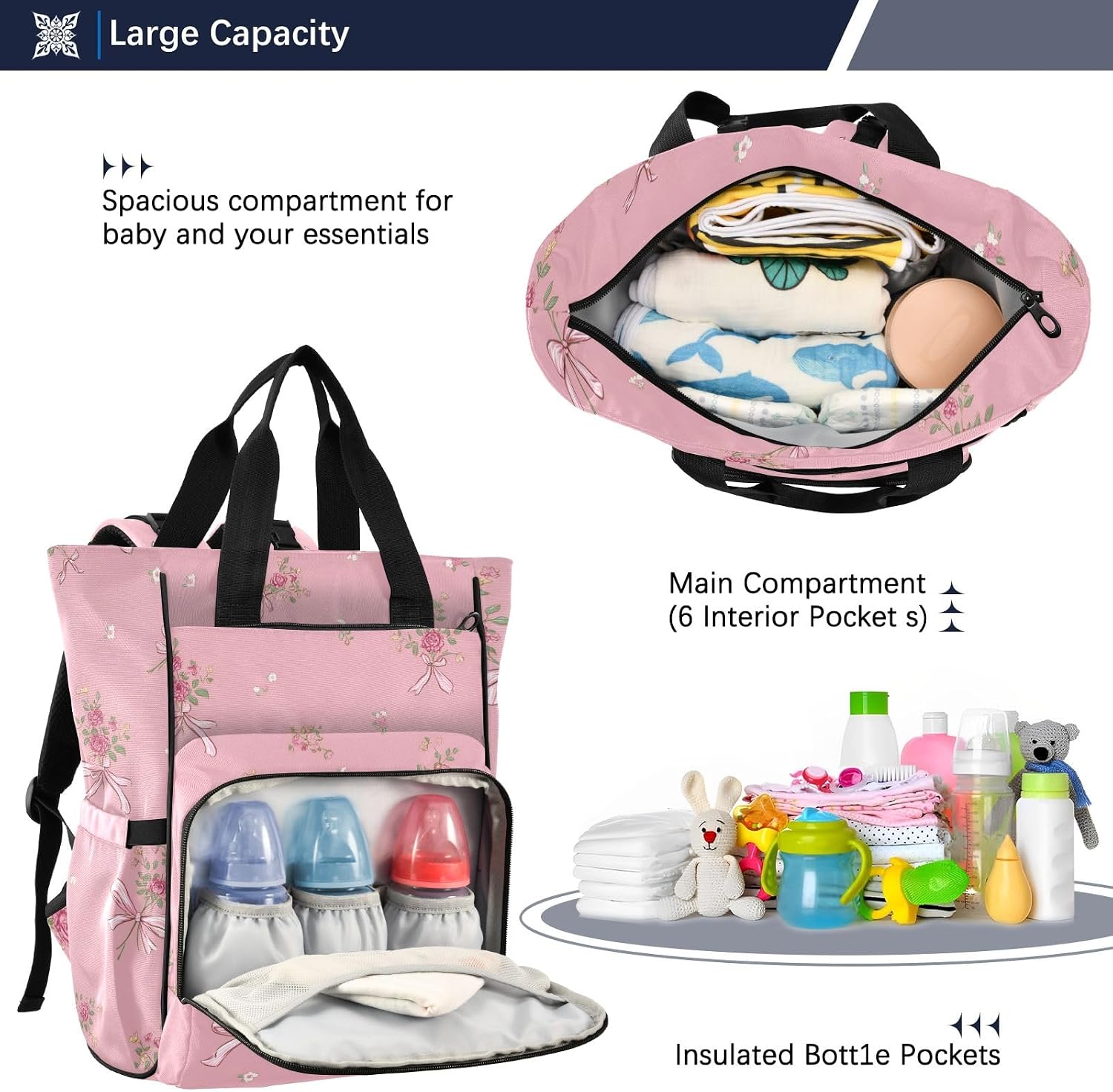 Bolaz Bow Flower Pink Diaper Bag Backpack Tote Multifunction Baby Nappy Changing Bags Large with Stroller Straps Travel