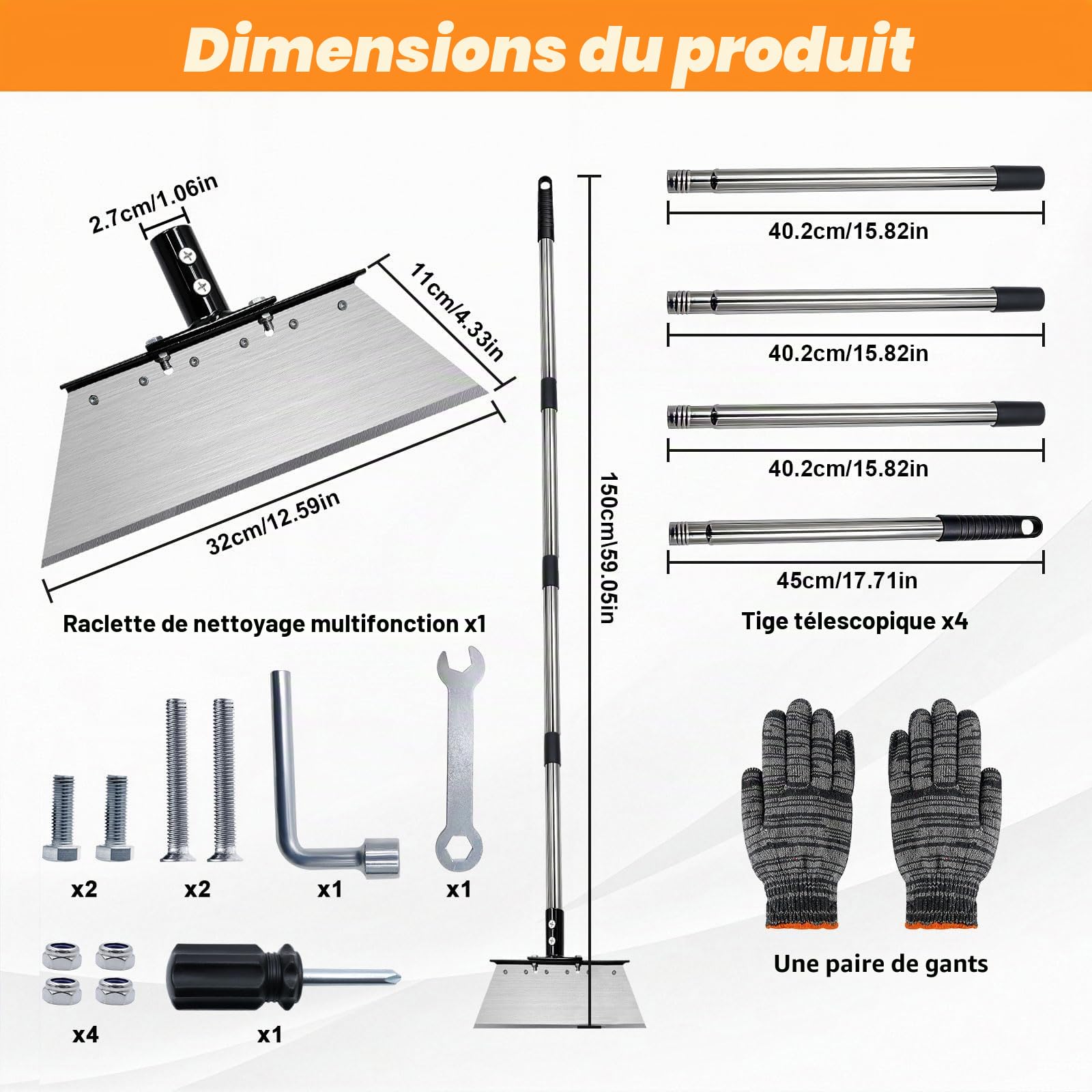 165CM Pelle de Nettoyage Multifonctionnelle avec Poignée D'extension en Acier Inoxydable Pelle Nettoyage Extérieur Jardin Longueur Réglable Grattoir Jardinage Desherbage pour aux Jardins Terrasses