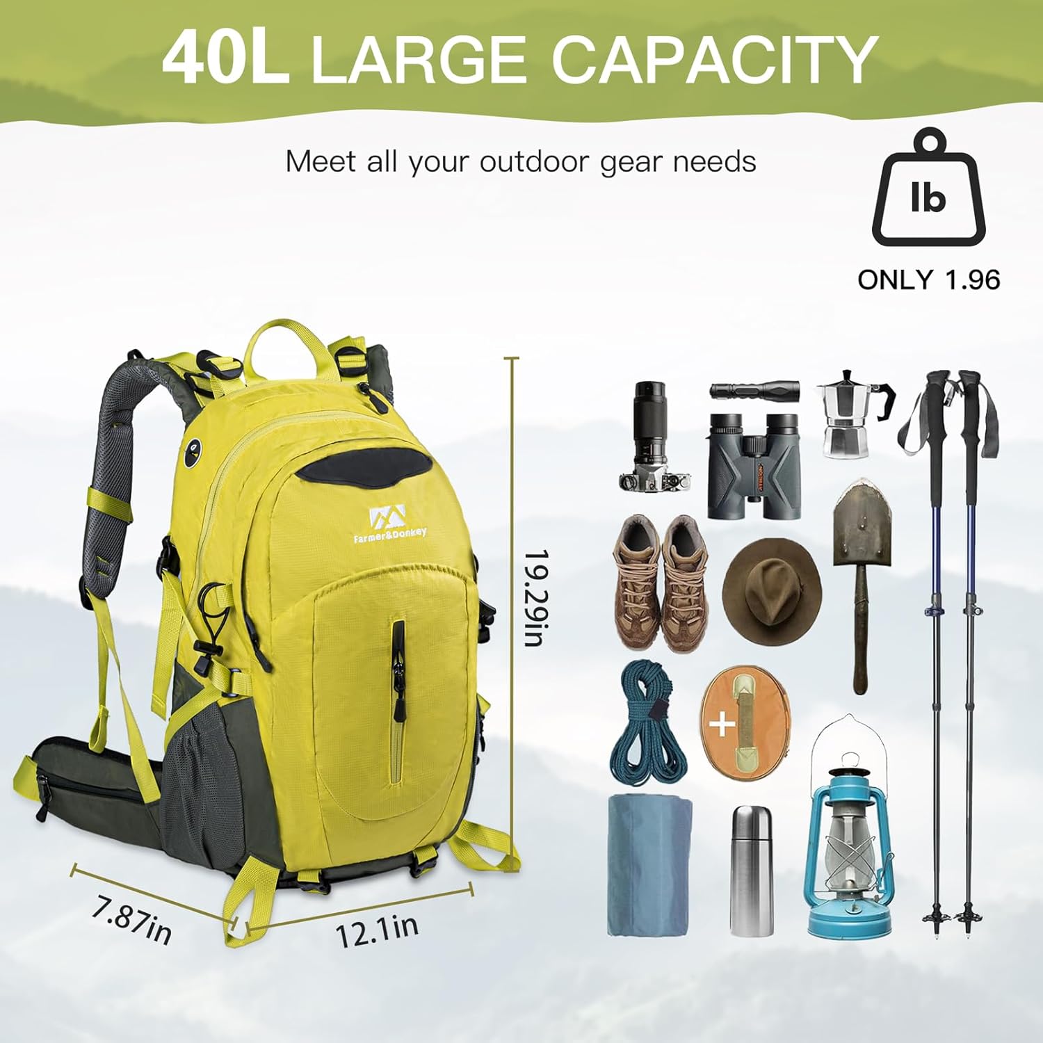 Farmer&Donkey Hiking Backpack, 40L Waterproof Camping Backpack with Packable Back Panel & Rain Cover, Men Women Rucking Backpacking Backpack Outdoor Sport Lightweight Travel Daypack for