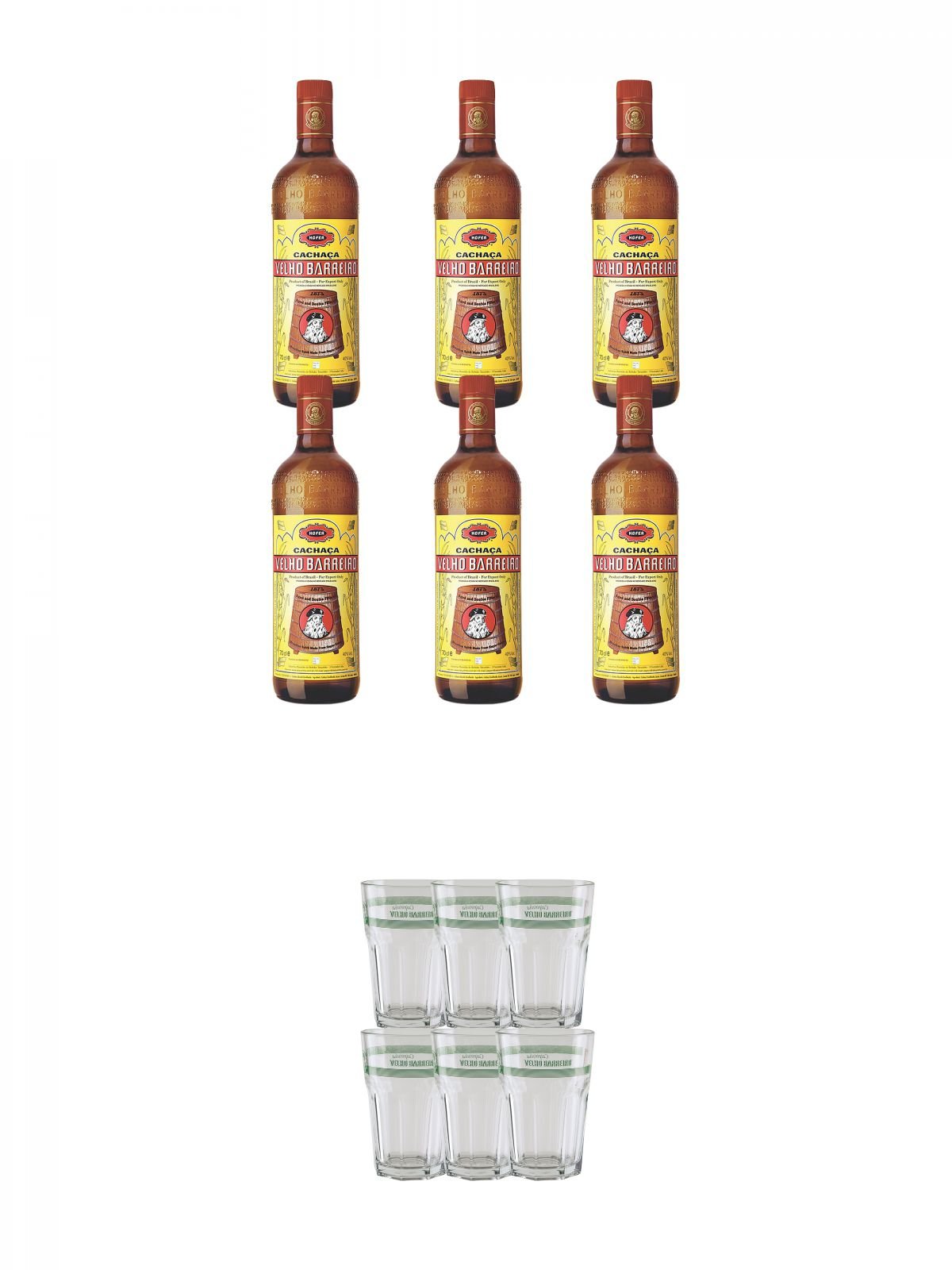 Velho Barreiro Silver Cachaca Originalabfüllung 6 x 1,0 Liter + Velho Barreiro Caipirinha Glas 6 Stück