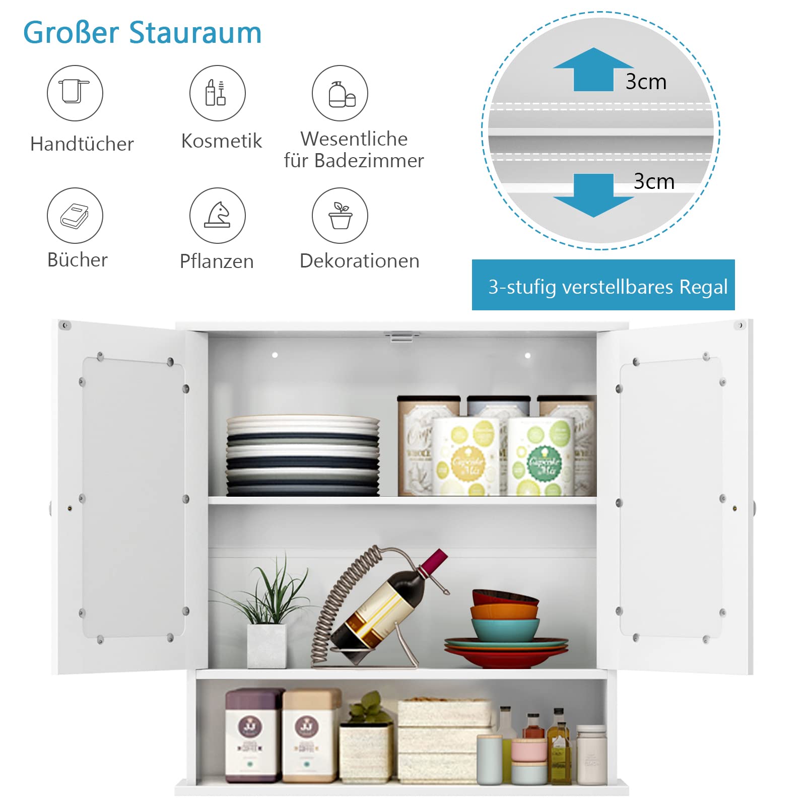 LIFEZEAL Mobiletto Bagno Salvaspazio con Contenitore, Specchio, Pensile Bagno Sospeso, Specchiera da Muro a 2 Ante, Armadietto, Mobile con Mensola, 2 Ripiani, Moderno, in Legno, 56x13x58cm (bianco)