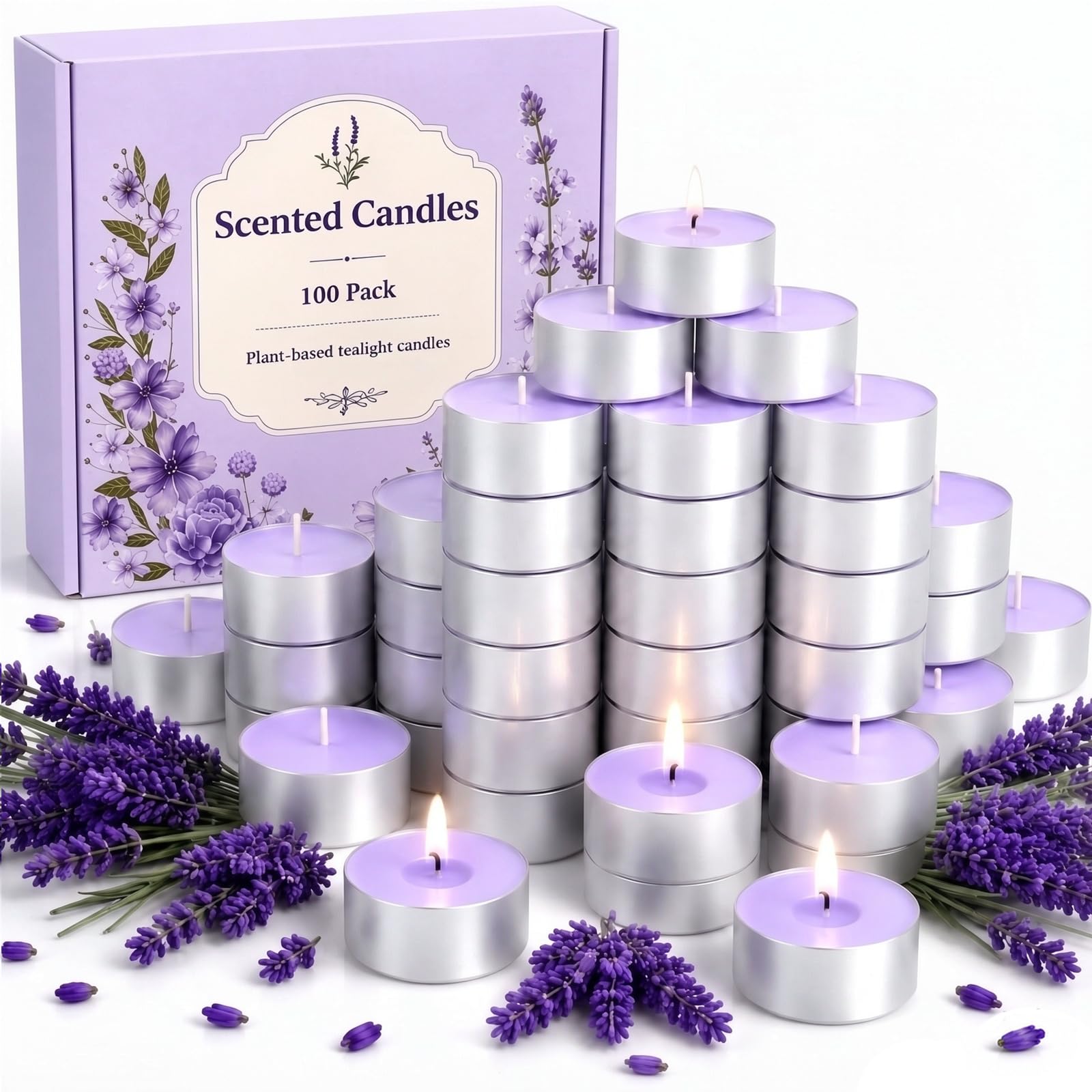 100 PCS Tea Lights, 4 Hour Burn, Lavender Scented Candles with Aluminum Cup