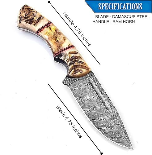 Miniatura 3 de BG Knives Cuchillo de Damasco hecho a mano para desollar de caza, 9.5 pulgadas, cuchillo de camping de hoja fija de acero de Damasco con funda de