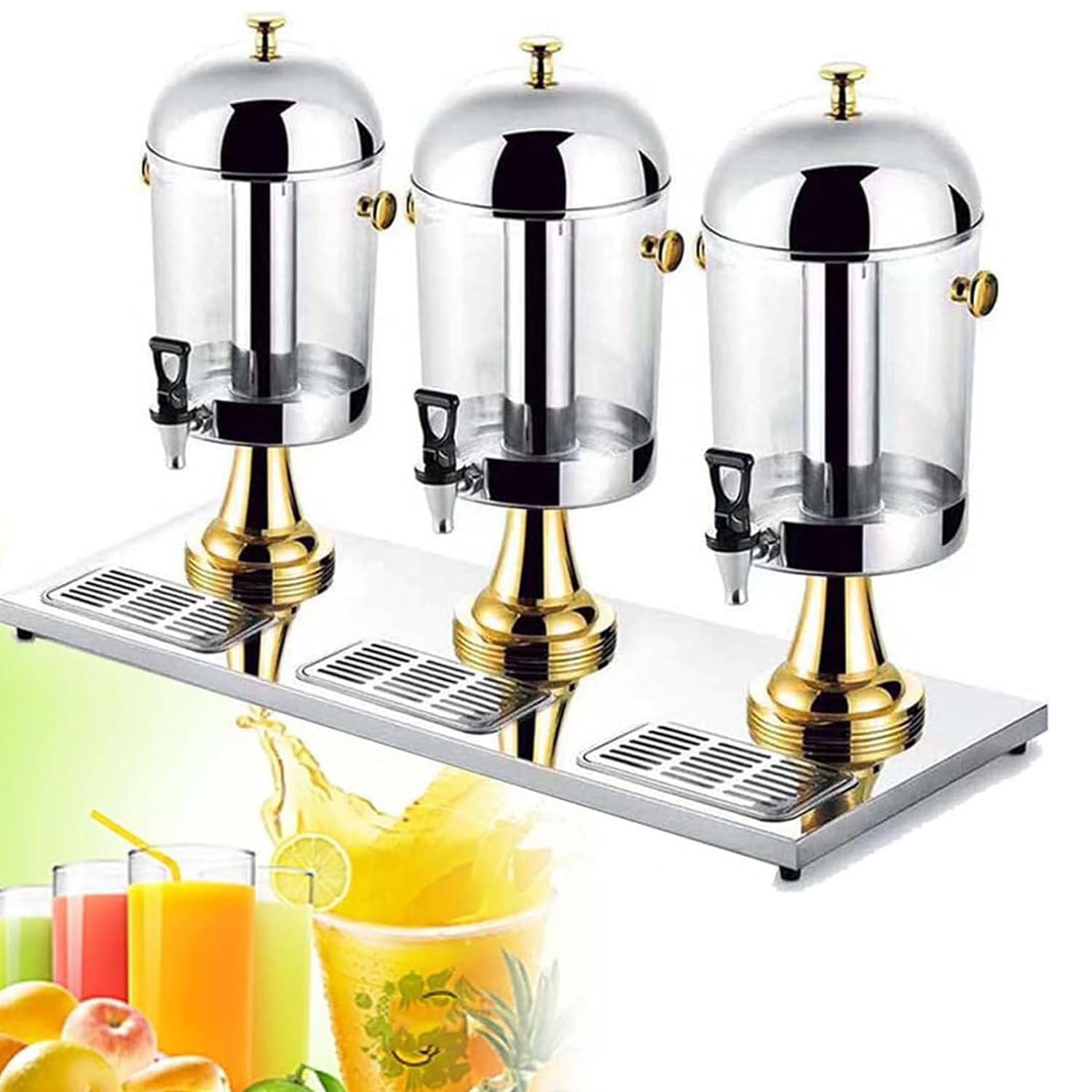 ASerZenith Commercial Juice Dispenser, Stainless Steel Clear Glass Drink Dispenser Juice Drink Commercial Beverage Dispenser, Self Service Cocktail Dispenser(Gold-Threehead24L)