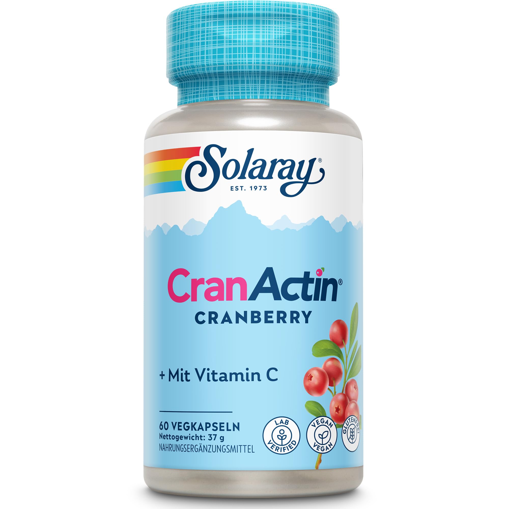 Solaray CranActin® Cranberry mit Vitamin C – 60 vegane Kapseln – Hochdosiertes Cranberry-Konzentrat – 400 mg Cranberry & 30 mg Vitamin C – Laborgeprüft, GMO- & Magnesiumstearatfrei