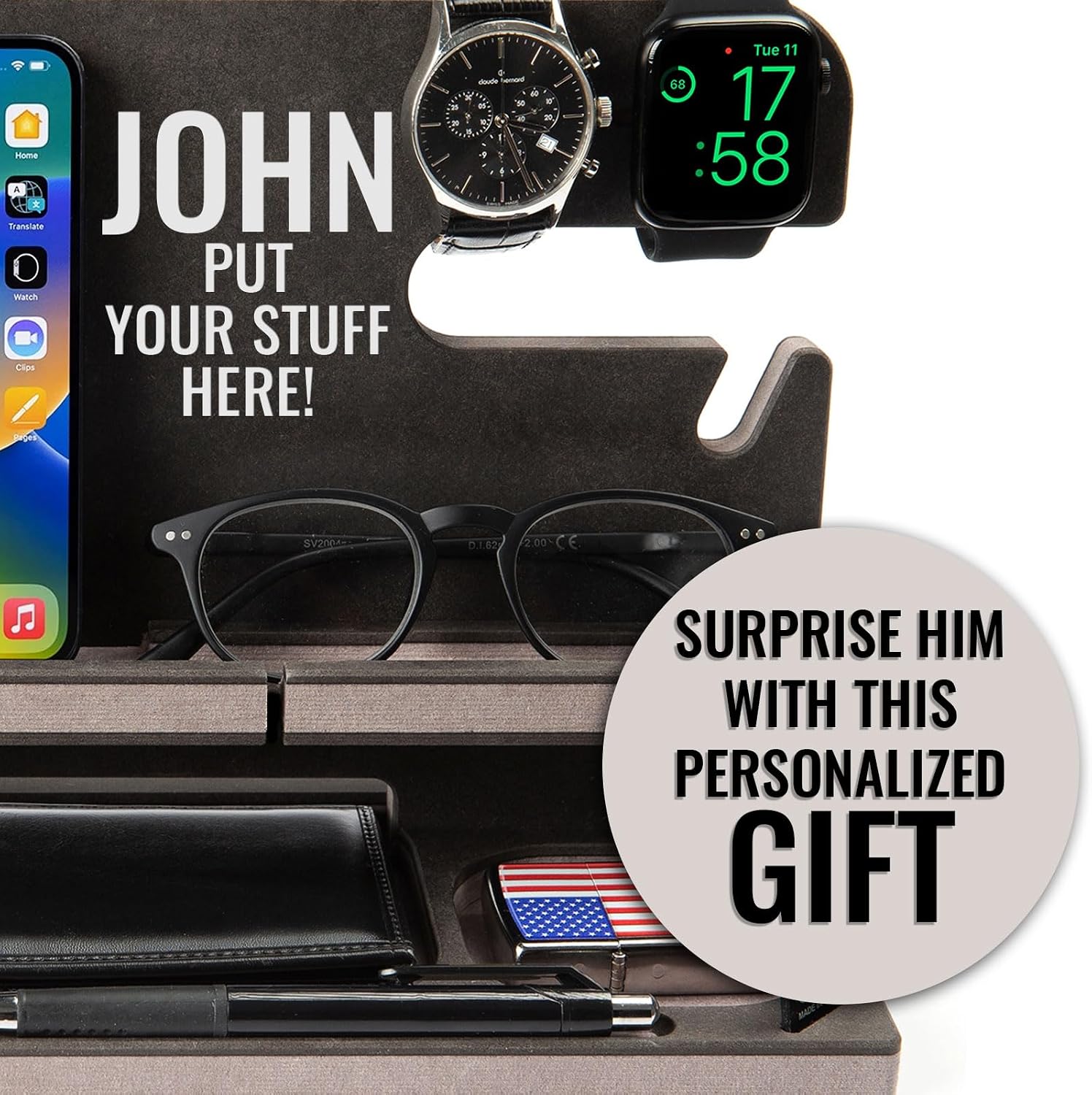 Greta Oto Wooden Docking Station for Cell Phone, Tablet, Wallet, Gadgets, Watch, Keys, Accessories, Essentials Desk Organizer, Nightstand, Gifts for Men (Gray)