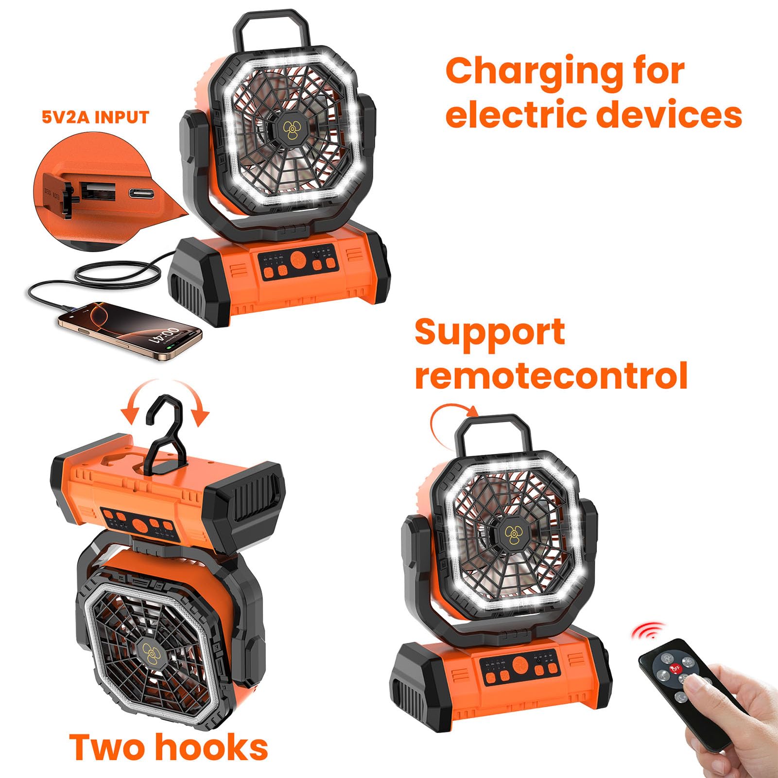 Ventilatore da campeggio con luce LED e telecomando, 4 velocità del, 3 livelli di luminosità, 58 ore di raffreddamento, batteria ricaricabile da 20000 mAh, con gancio per