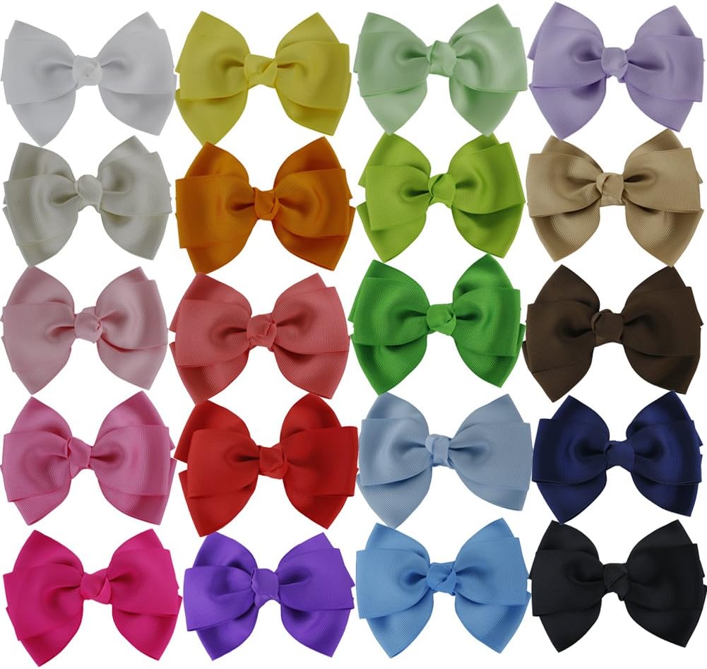 QingHan 4'' Grosgrain Ribbon Boutique Hair Bows Alligator Clips For Girls Teens Kids Pack Of 20